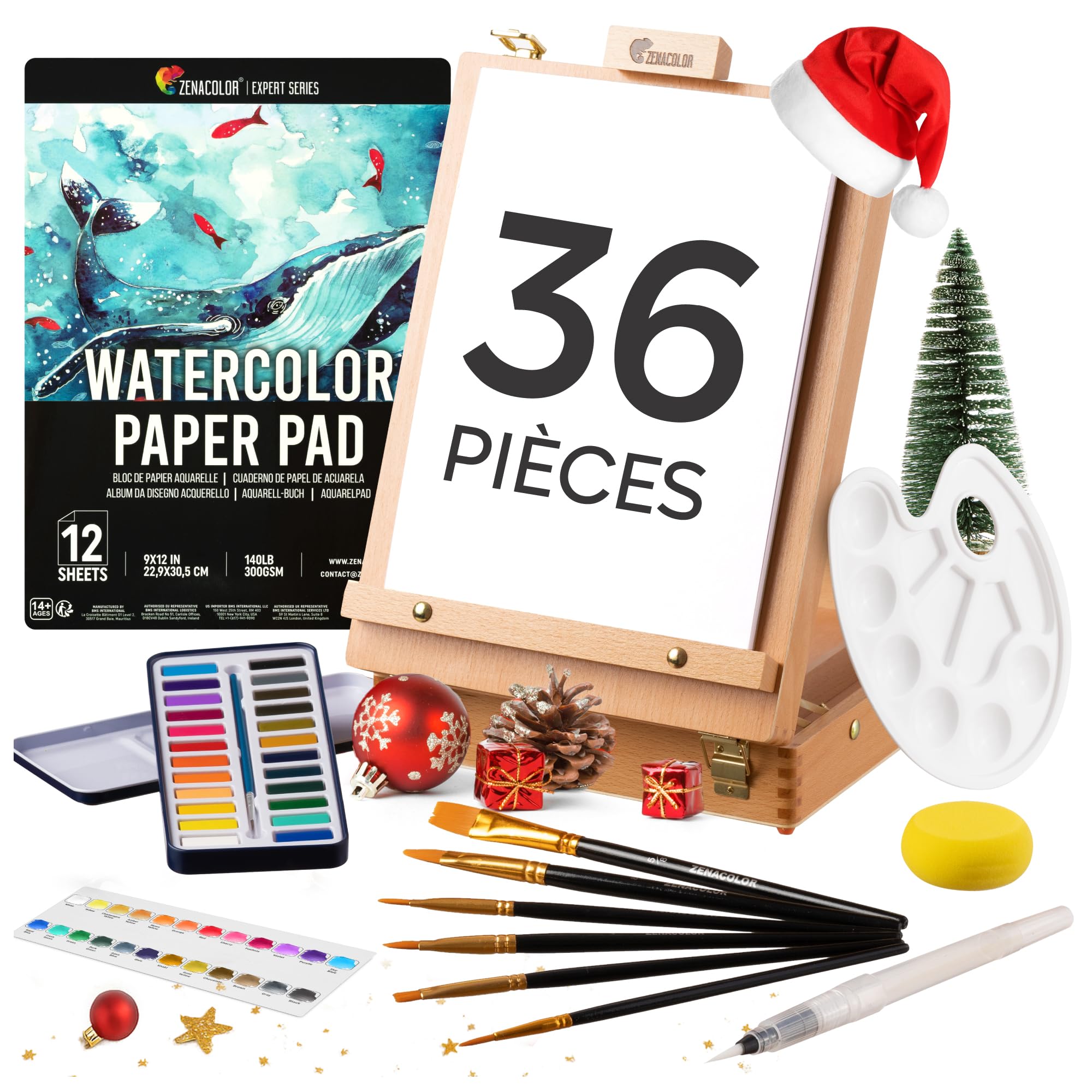 Set de Peinture Aquarelle 36 Pièces - Cadeau Kit d' Aquarelle pour débuter - Boite 2-en-1 Rangement et Chevalet, Palette Aquarelle en Godet 24 couleurs, 6 Pinceaux, 1 Pad (12 feuilles) et Accessoires