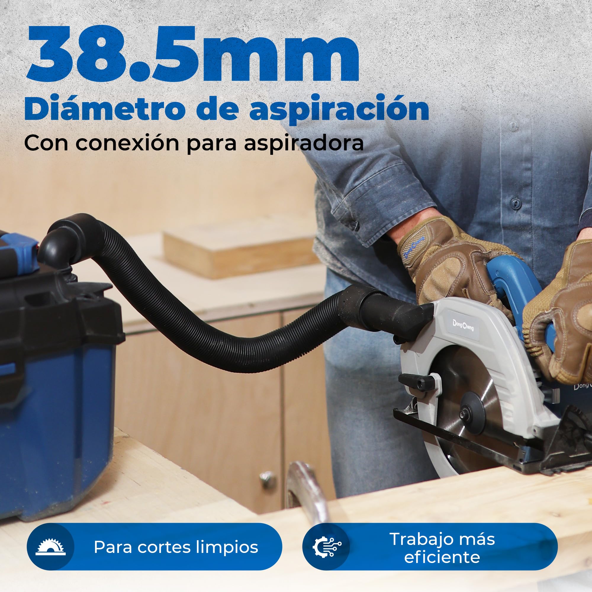 DongCheng Sierra Circular 1500W, Ø185mm, Profundidad de Corte 64mm, 5300 rpm, Inclinación 0-45°, 3 Hojas de Sierra, con Cable | 5300 rpm con 3 hojas de sierra de carburo (24T/40T), tope paralelo y aspiración de polvo para carpintería precisa