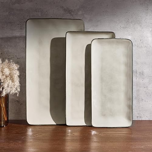 Miniatura 10 de Famiware Plato de Servir, Platos de Servir Rectangulares de 15.67/14.1/12.6 pulgadas para Entretenimiento, Esmalte Reactivo, Bandejas de Servir