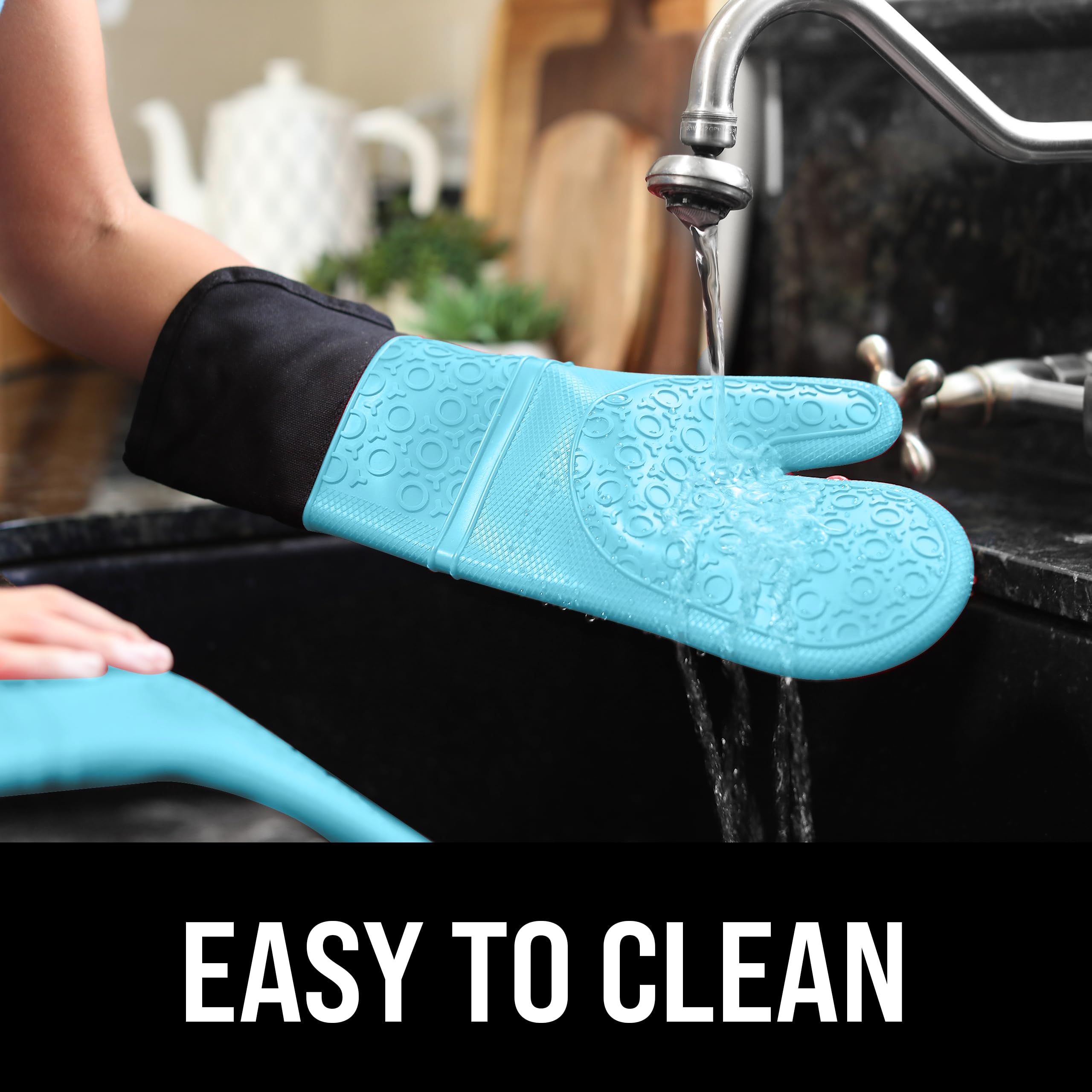 BPA-Free Soft Silicone Oven Mitts - Ultra Heat Resistant Oven Mitts with Thick Cotton Liner - Extra Long Slip Resistant Pot Holders, Flexible Oven Gloves - Aqua/Black 14.7" - Image 6 thumbnail