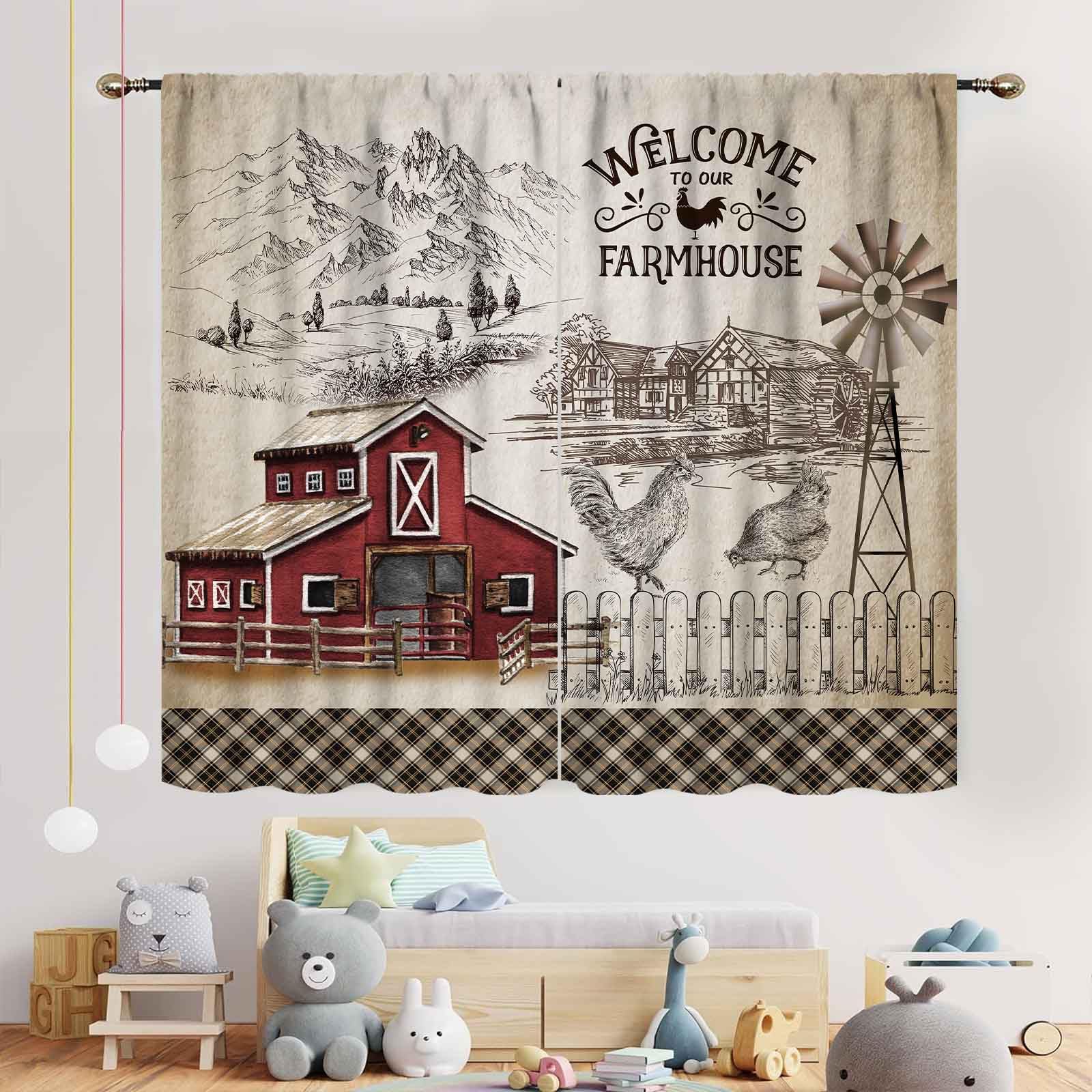 Farmhouse Country Floral Cotton Flower Blackout Curtains,Rustic Wooden Plank Cottage Lodge Cabin Curtains Nbsp Nbsp Drapes Garden Windmill Decor