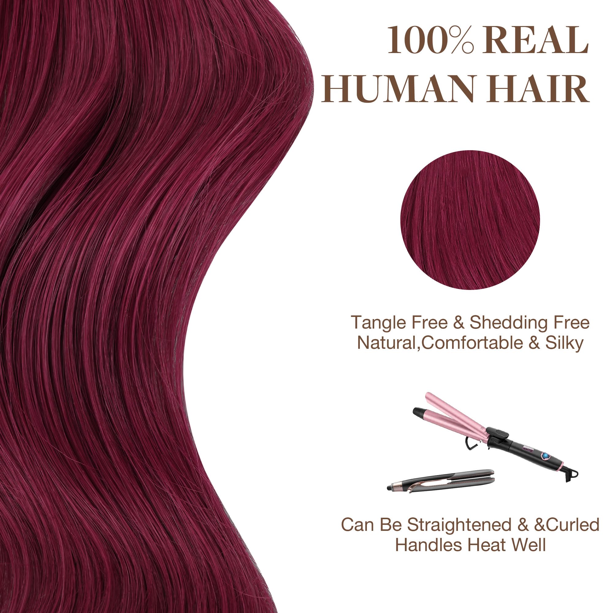 GOO GOO Extension Capelli Veri Biadesivo, Extension Biadesive Capelli Veri, 40cm-25g, Rosso Borgogna