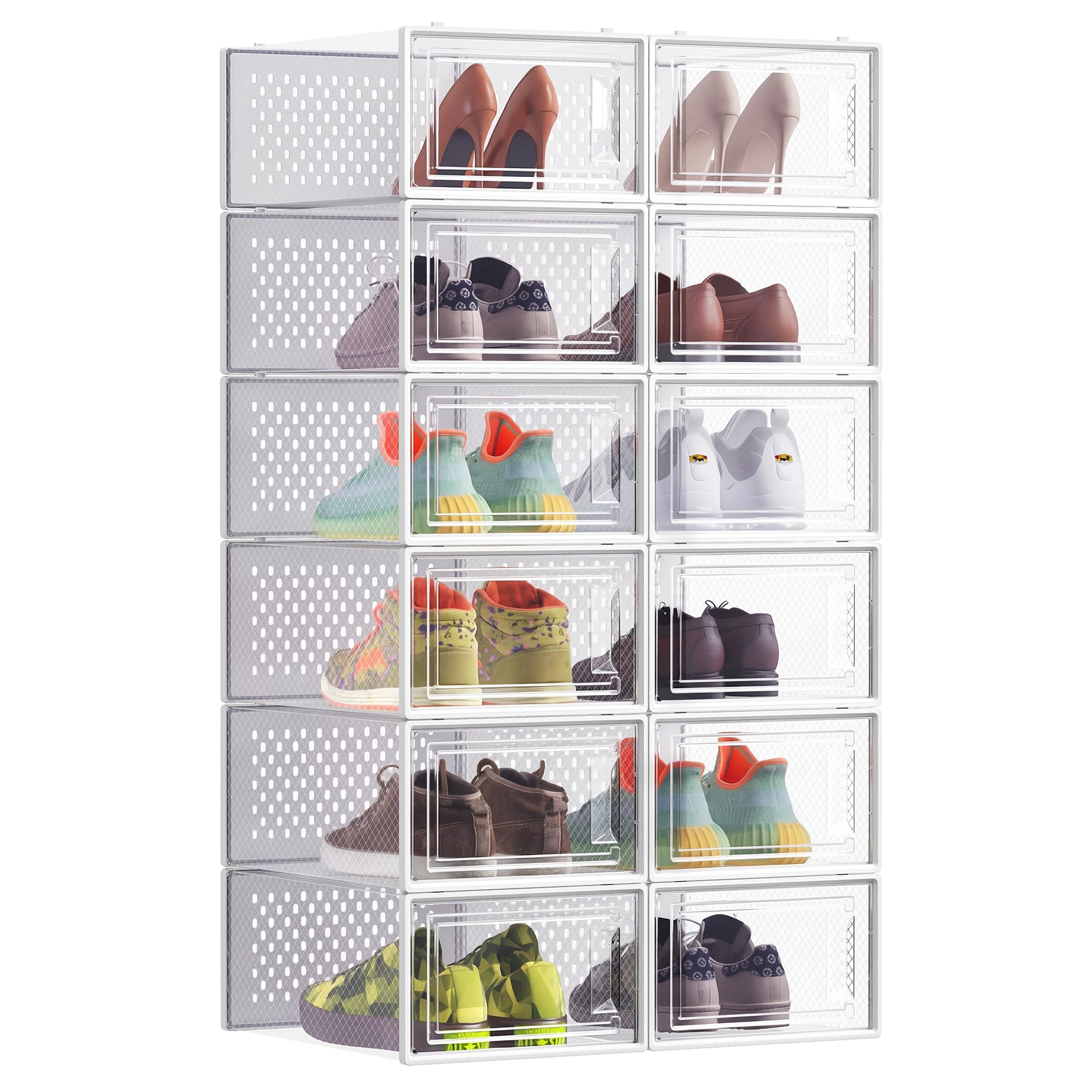 SONGMICS Shoe Boxes, Pack of 12 Stackable Shoe Storage Organisers, Foldable and Versatile for Sneakers, Fit up to UK Size 9.5, Transparent and White LSP12SWT
