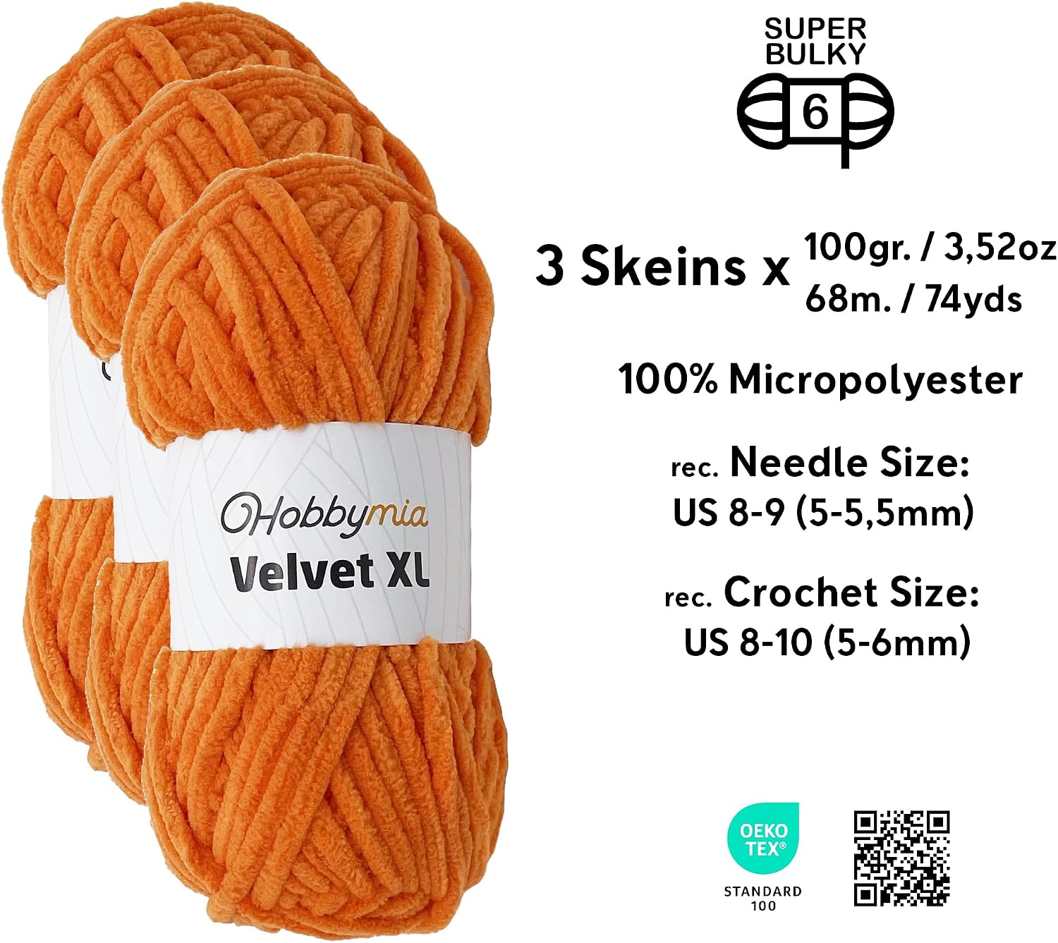 Velvet XL Chenille Yarn - Thick Super Bulky Yarn for Crocheting - Soft Fluffy Plush Yarn for Crochet - 100g / 74yds - Ideal for Baby Blankets & Amigurumi (Mango Orange, 3 Skeins)