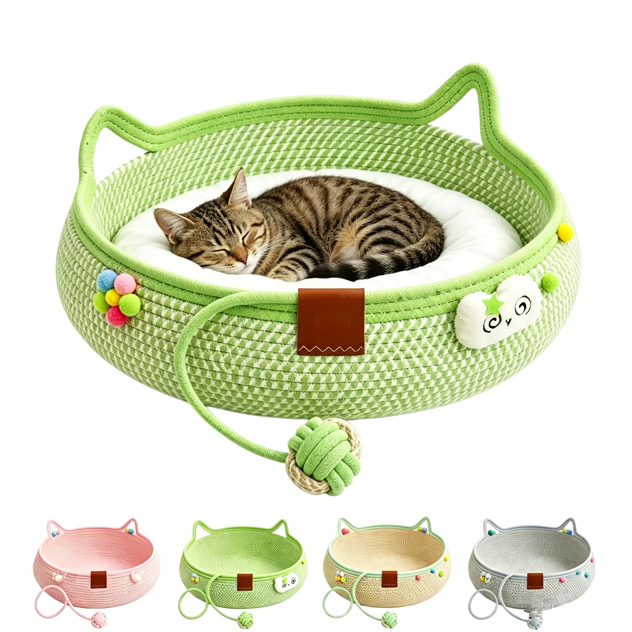 Handwoven Cat Instinct Basket Bed With Cushion & Hanging Ball Toy for Dogs (Green+Mat,L-46cm)