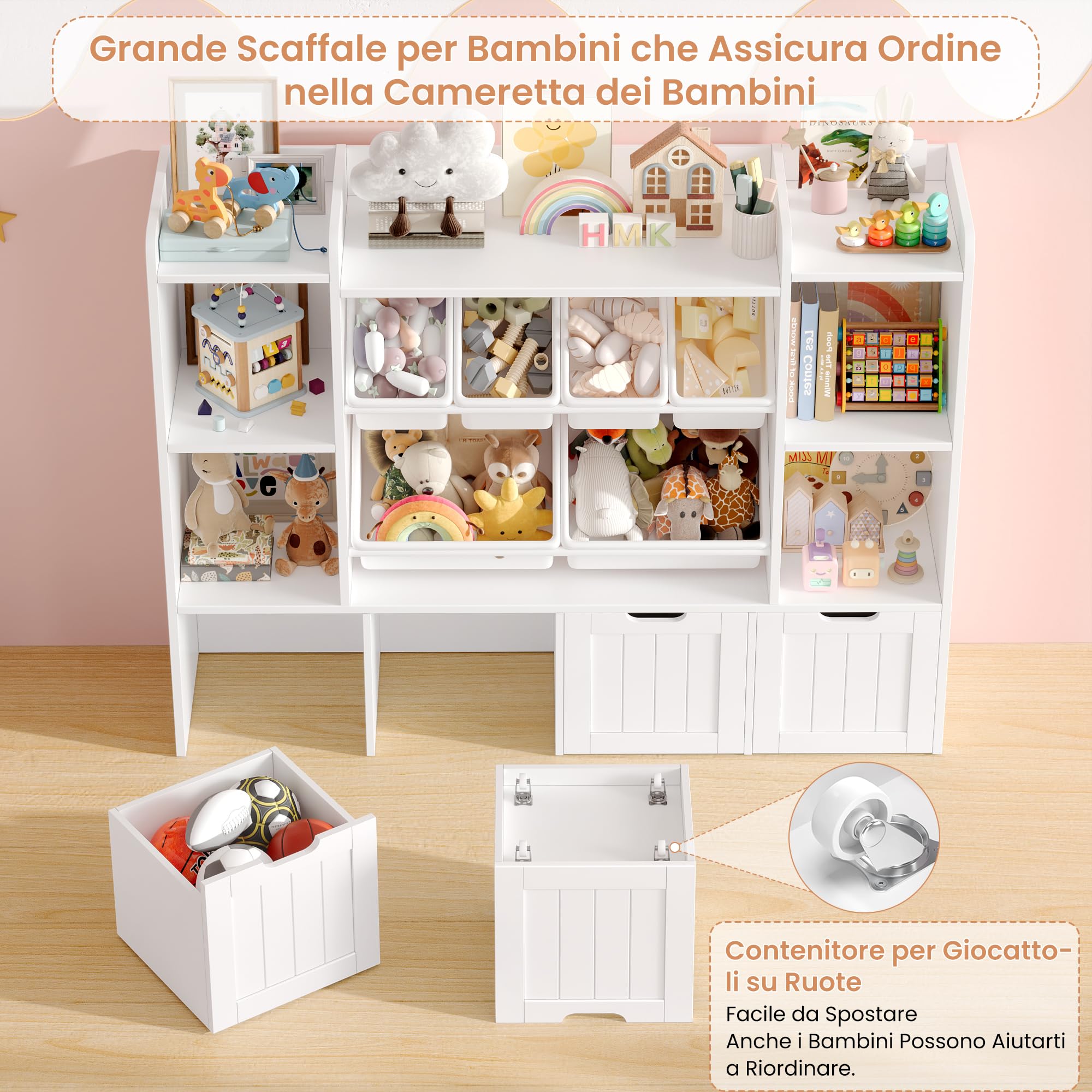 FOREHILL Scaffale per Giocattoli con Cassetti su ruote 140x30x106cm Bianco | Scaffale Portagiochi bimbi con 6 Scatole Rimovibili,Archiviazione per Peluche,Altezza adatta bimbi,Per Camerette, Sale Giochi