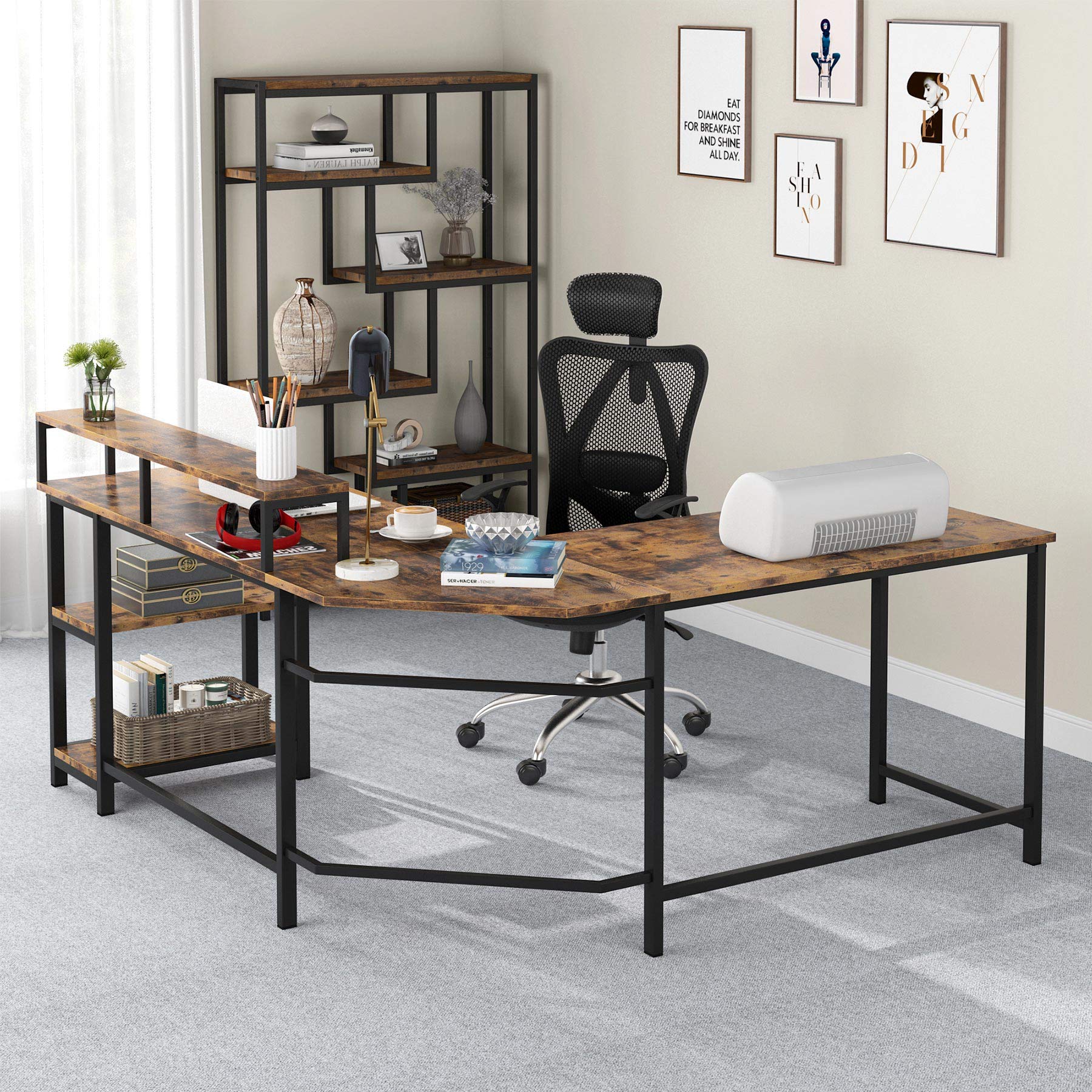 Tribesigns Bureau L-vorm met 4 laden, L-vormige computertafel met 2 planken, omkeerbaar hoekbureau met opbergruimte voor kantoor, werkkamer, woonkamer, 150 x 110 x 75 cm (walnoot en wit
