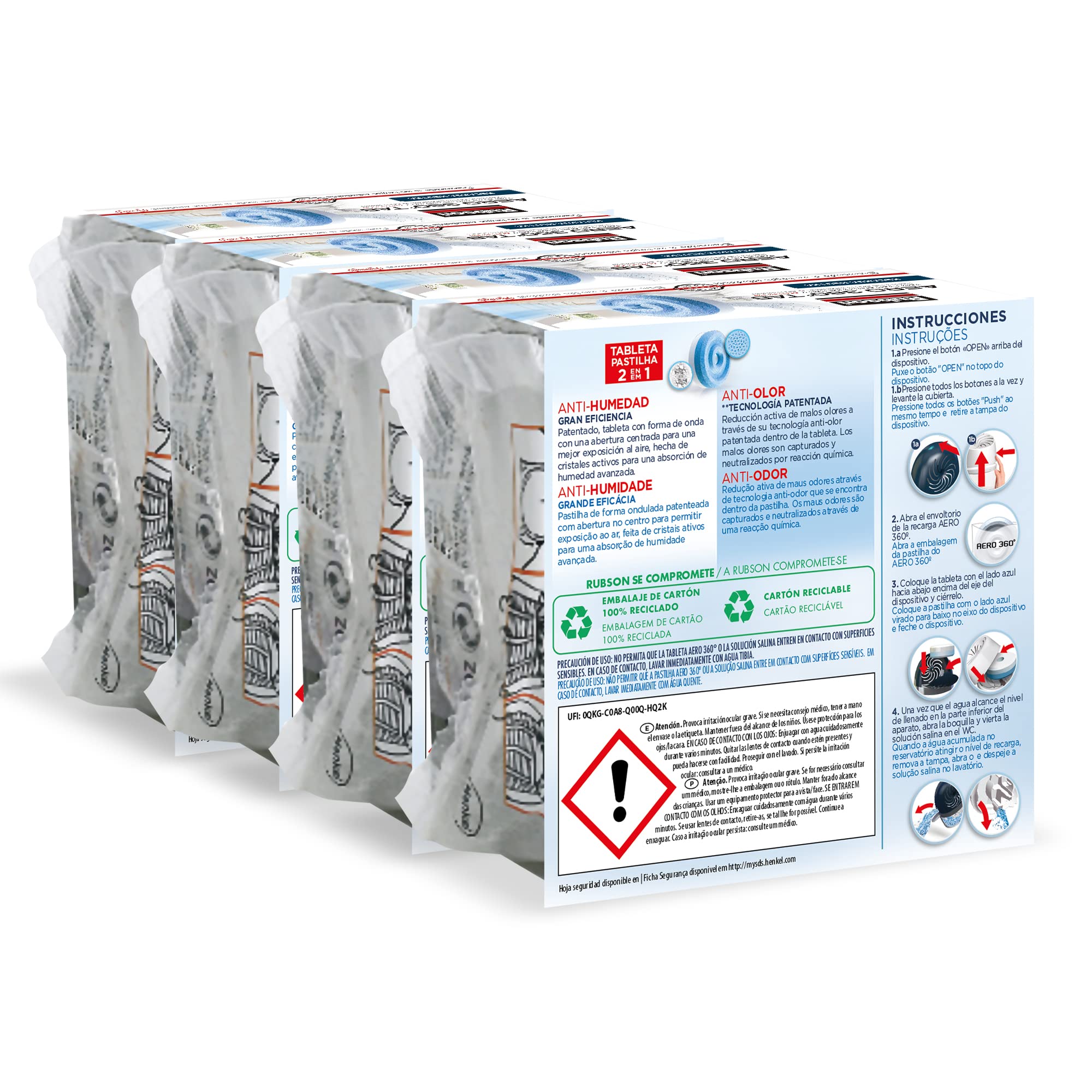 Rubson AERO 360° Tabletas de recambio de olor neutro, absorbe humedad y neutraliza malos olores, recambios Rubson para deshumidificador AERO 360º (4 x 450 g)