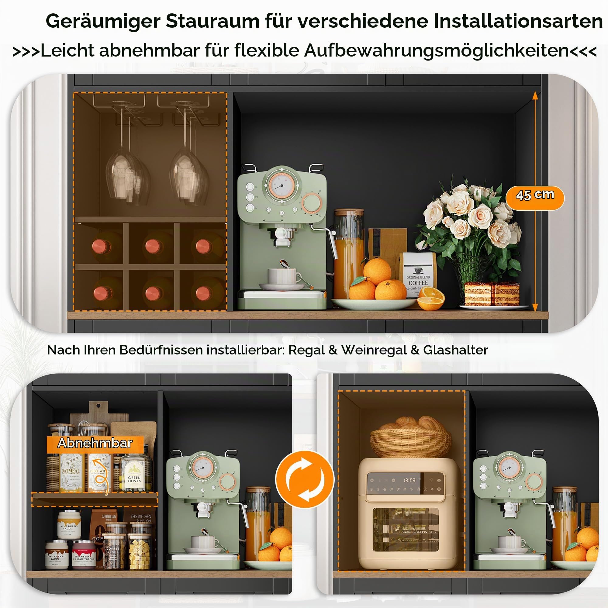 HOCSOK Küchenschrank Set, Buffetschrank mit Weinregal & Glashalter, Sideboard Küche mit 2 Schubladen, Hochschrank Hausbar für Kaffeebar, Esszimmer, Wohnzimmer (Schwarz) | Sideboard Küche mit 2 Schubladen, Hochschrank Hausbar für Kaffeebar, Esszimmer, Wohn