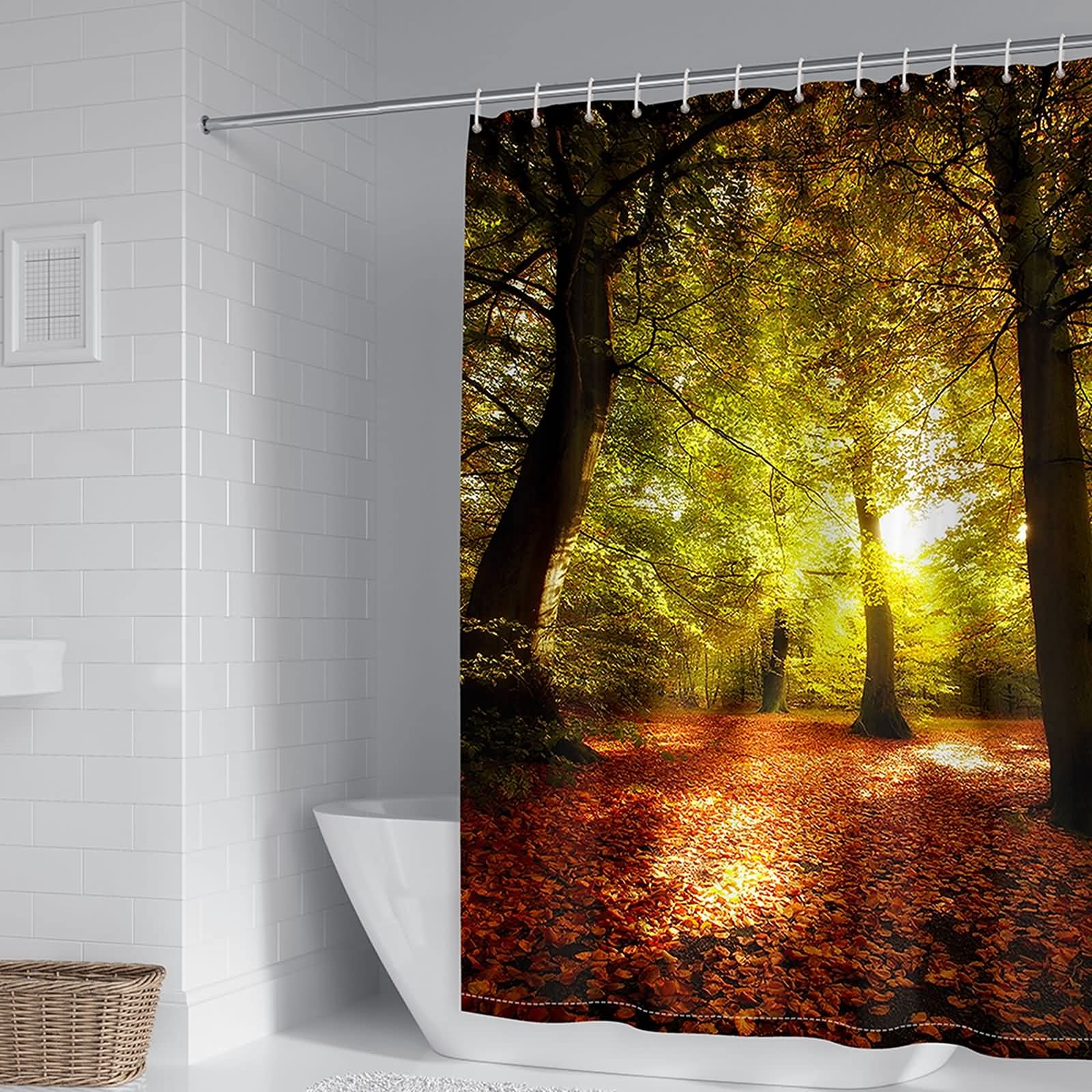 Rideau de douche motif arbres et feuilles pour salle de bain nature