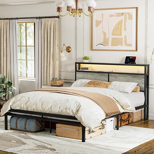 Full Bed Frame with Storage Headboard Metal Platform Bed with LED Lights, USB Ports Outlets, Non-Slip, Noise-Free, Strong Metal Slats Support No Box Spring Needed