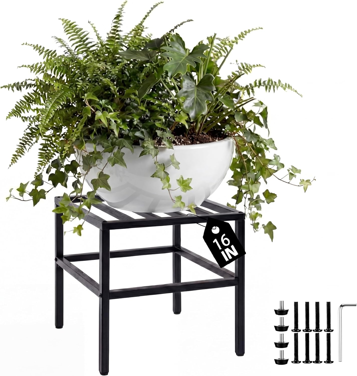 Shimeyao 16 Inch Large Plant Stand Indoor Outdoor, Heavy Duty Metal Square Iron Flower Pot Stand with Adjustable Feet, 200 Lbs Capacity for Patio Garden Living Room Decor