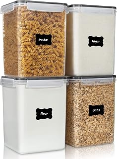 Vtopmart 4-Pack 5.2L BPA-Free Airtight Food Storage Containers with Lids, Measuring Cups & 24 Labels for Flour, Sugar, Rice - Black