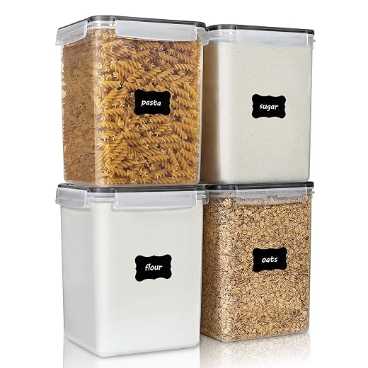 Vtopmart Large Food Storage Containers 5.2L / 175oz, 4 Pieces BPA Free Plastic Airtight Canisters for Flour, Sugar, Baking Supplies, Rice with Lids, 4 Measuring Cups and 24 Labels, Black