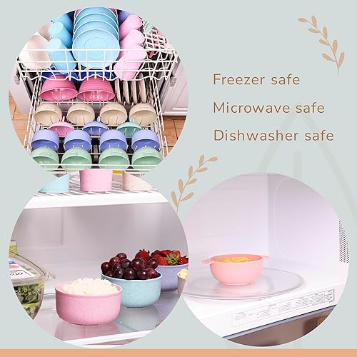 Miniatura 6 de Rightitem Cuencos de paja de trigo con asas, juego de 4 cuencos de fibra de trigo y 4 cucharas, reutilizables, aptos para microondas y lavavajillas,