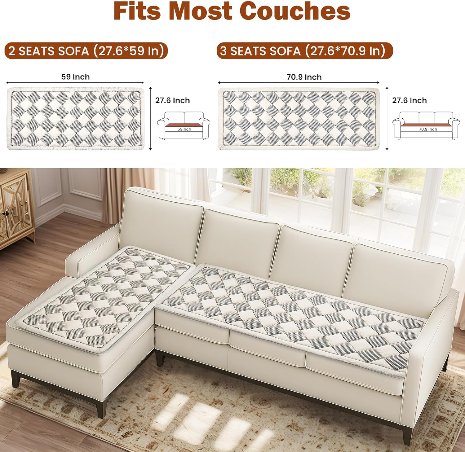 Checkered Couch Cover for Dogs, Sofa Protector for 3 Cushion Couch - Washable Non Slip Sofa Cover, Pet Friendly Dog Bed Mat for Furniture Protection - Grey & White, 27.6×70.9 Inch
