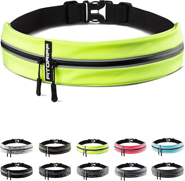 Fitgriff® Pasek do biegania na telefon komórkowy  torba do biegania, torba do biegania, uprawiania sportu, fitnessu  pasuje do wszystkich smartfonów (obwód brzucha 65-110 cm, neonowy żółty)