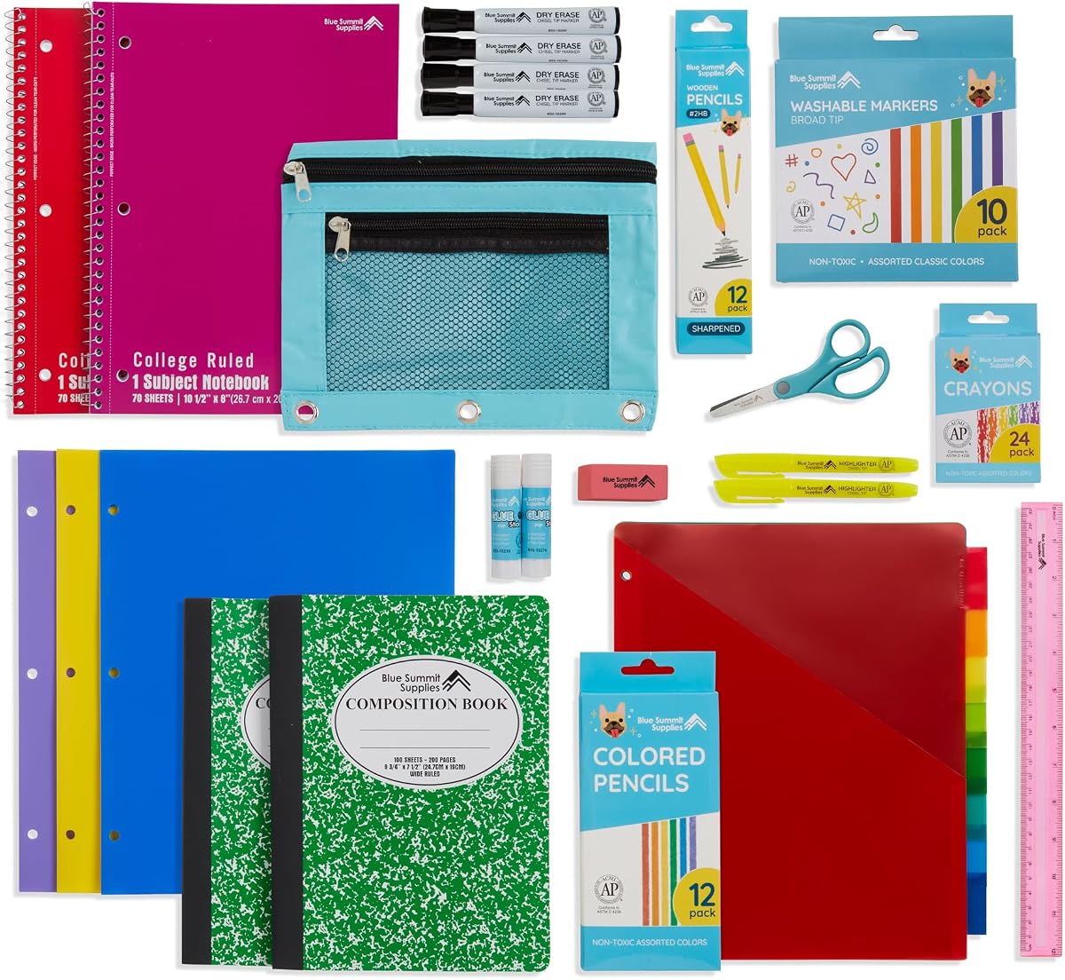 Blue Summit Supplies Kindergarten & 1st Grade School Supplies Kit, 71 Pc | folders, spiral notebooks, dry erase markers, washable markers, glue, crayons, pencils, for classroom