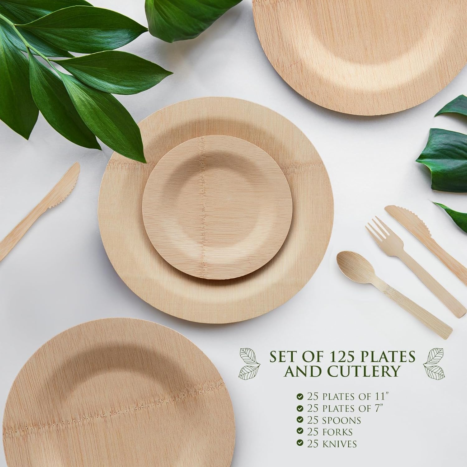 2MB Eco-Friendly Round Upscale Reusable Bamboo Disposable Plates. Set of 125 Pieces. 11-Inch and 7-Inch Dinnerware & Accessories. Compostable Dessert Plates. Perfect for Parties & Weddings. - Image 2
