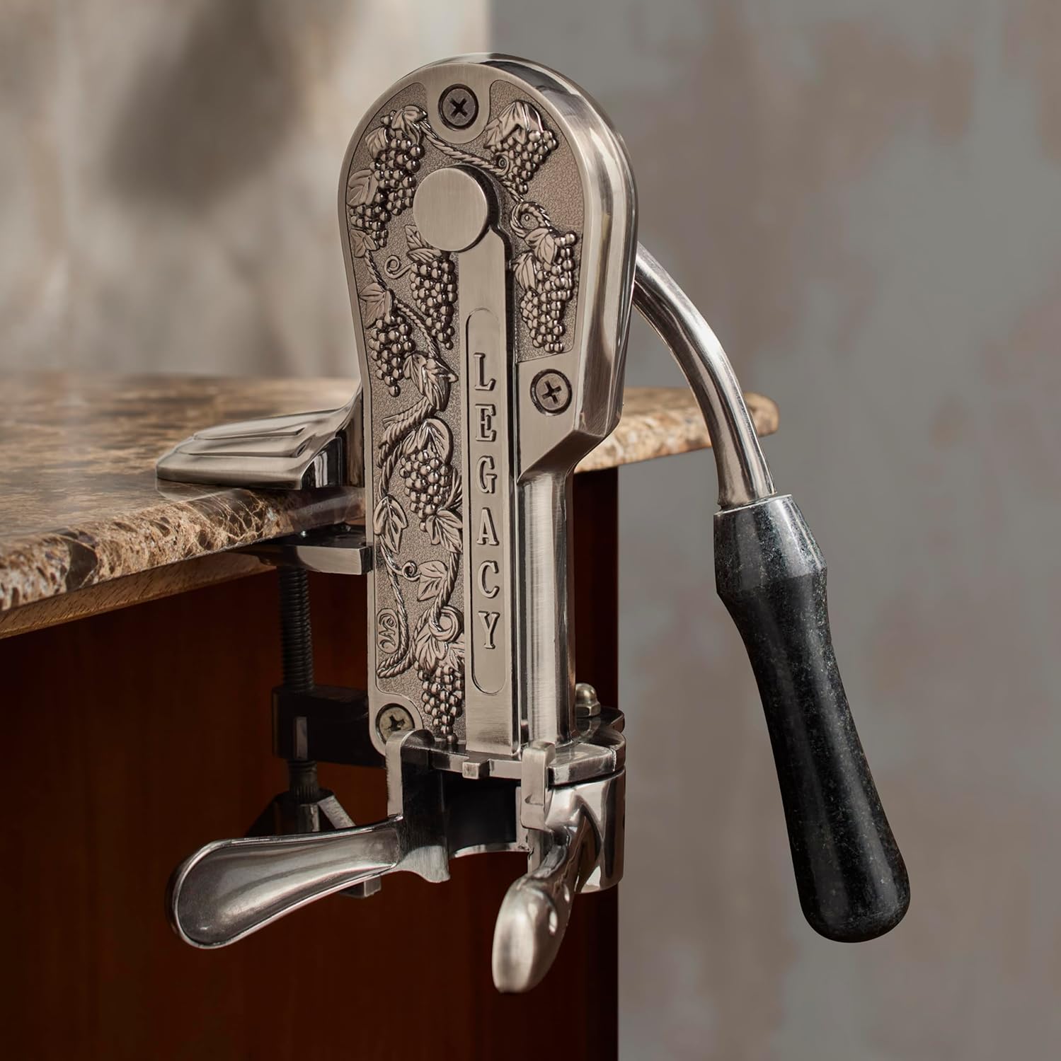 Wine Enthusiast Legacy Corkscrew – Durable Wine Opener with Black Marble Handle & Solid Metal Construction - Long Lasting Cork Removal with Tabletop Mount (Pewter)