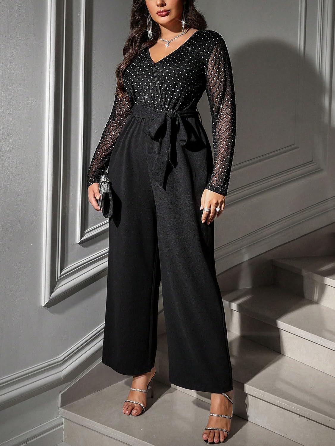 RED DOT BOUTIQUE 710 - Plus Size Long Sleeves Sequin Top Solid Wide Legs Long Jumpsuit With Pockets - Image 4