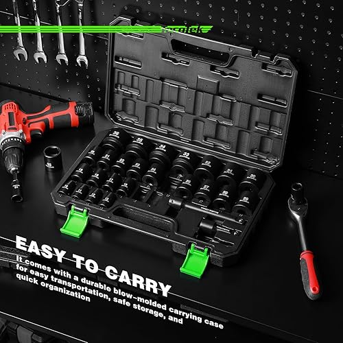 Miniatura 6 de Juego de 30 llaves de impacto métricas poco profundas de 12 pulgada, Cr-Mo, de 0.394 in a 1.417 in, sin tamaños saltados, 6 puntos, incluye barras