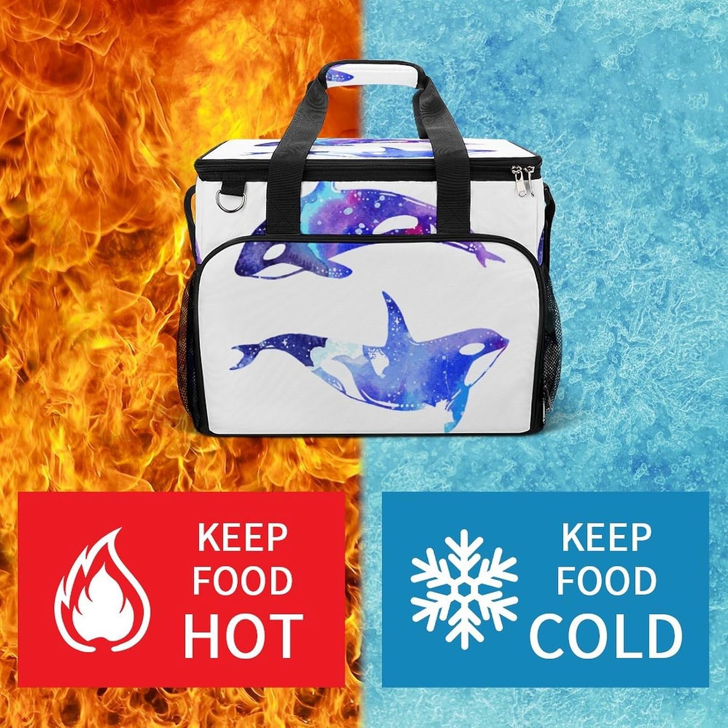 Insulated Picnic Backpack Tote Bag, Large Capacity 30L Orca Killer Whale Cooler Bag Leakproof Beach Bags Portable Lunch Box Waterproof Picnic Basket for Beach Camping BBQ