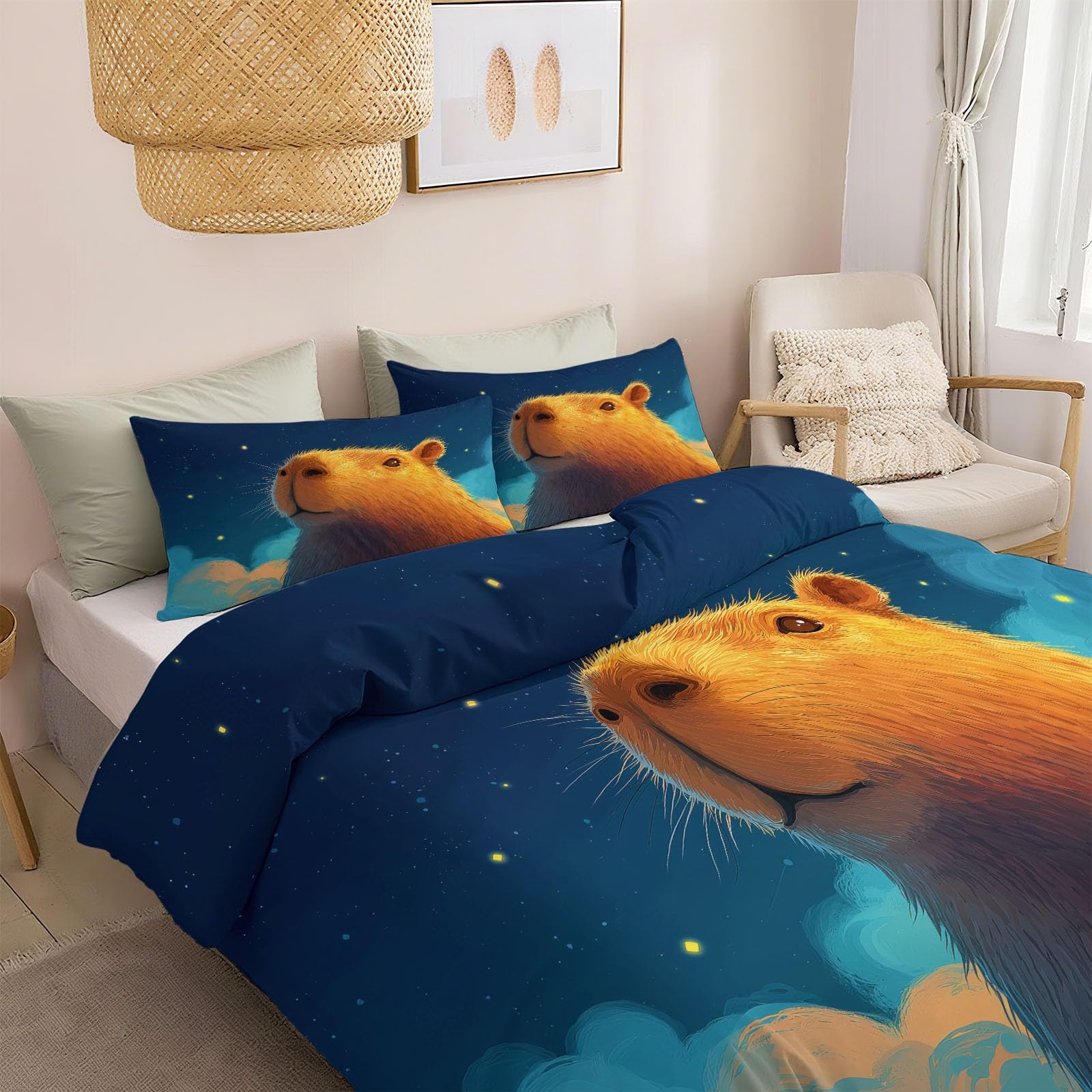 Generisch Capybara Pościel 200 x 200 cm, 3-częściowa, słodkie kreskówki zwierzęta, poszewka na kołdrę i 2 poszewki na poduszkę 80 x 80 cm, przytulna, niebieska, pościel z zamkiem błyskawicznym