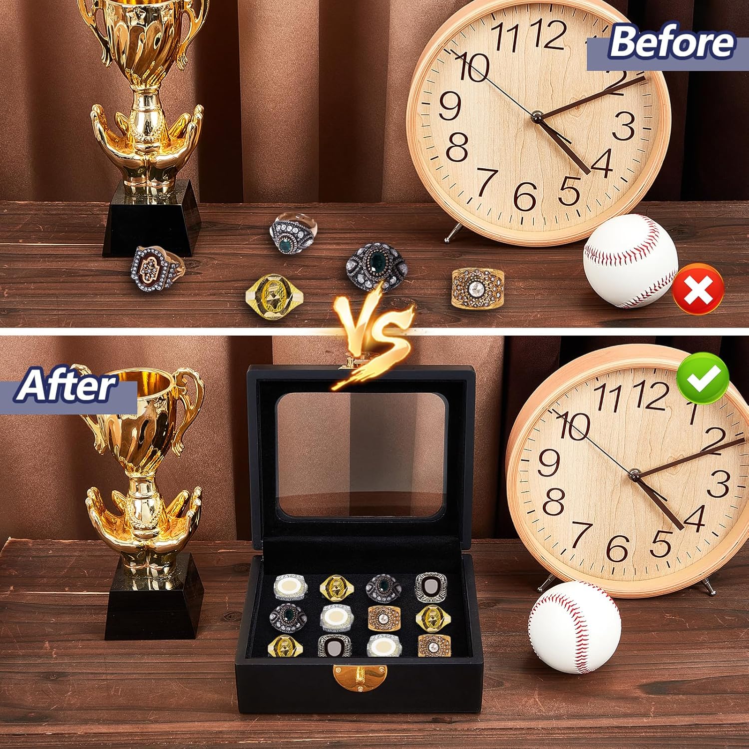 Equsion Championship Ring Display Case 12 Slots Baseball Ring Holder Box for Single Replica Baseball Softball Football Sports Souvenirs Storage Organizer Wooden Box