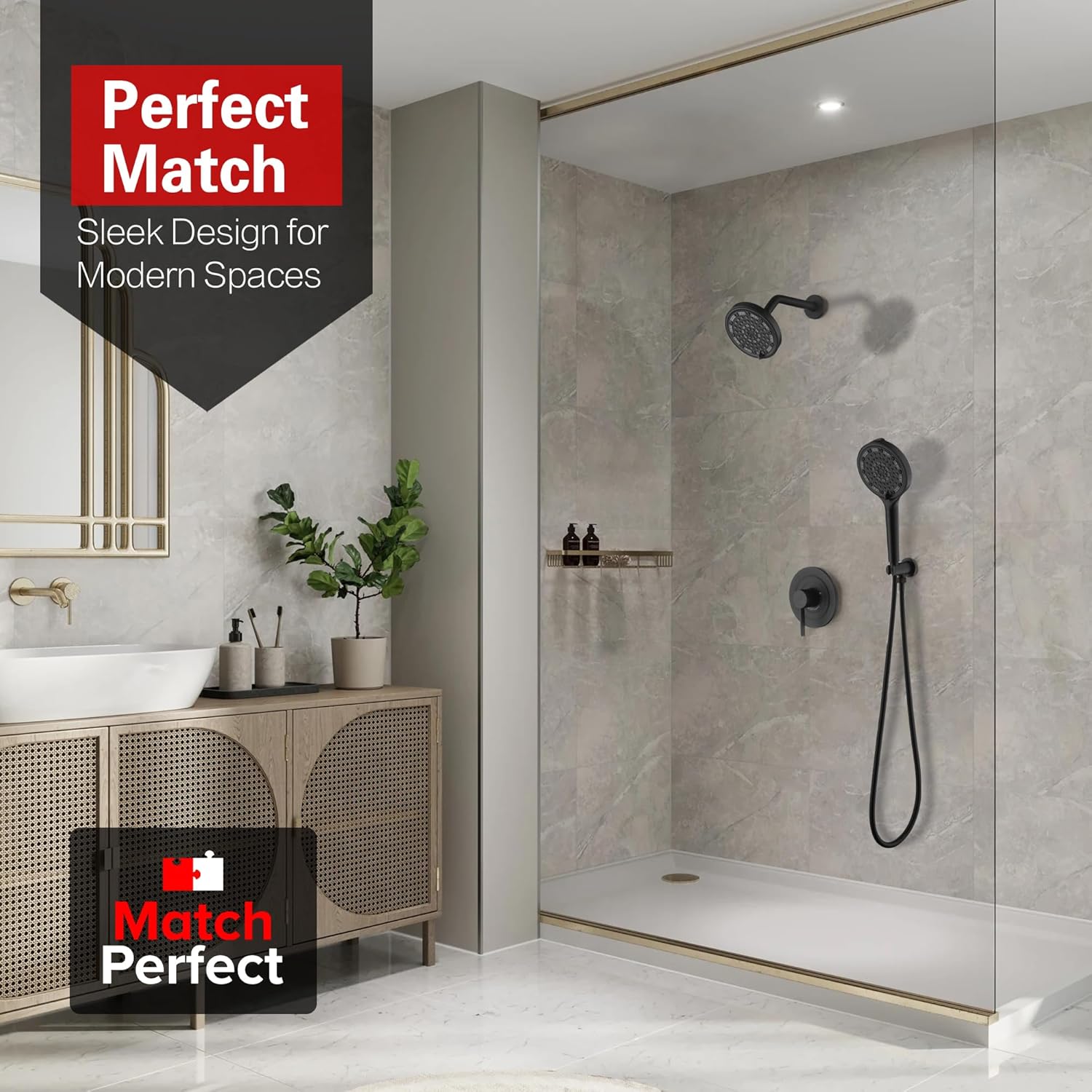 SUMERAIN Matte Black Shower System with 6-Spray Handheld Filtered Shower Head, Wall Mounted Rain Shower Faucet Set with Rough in Valve