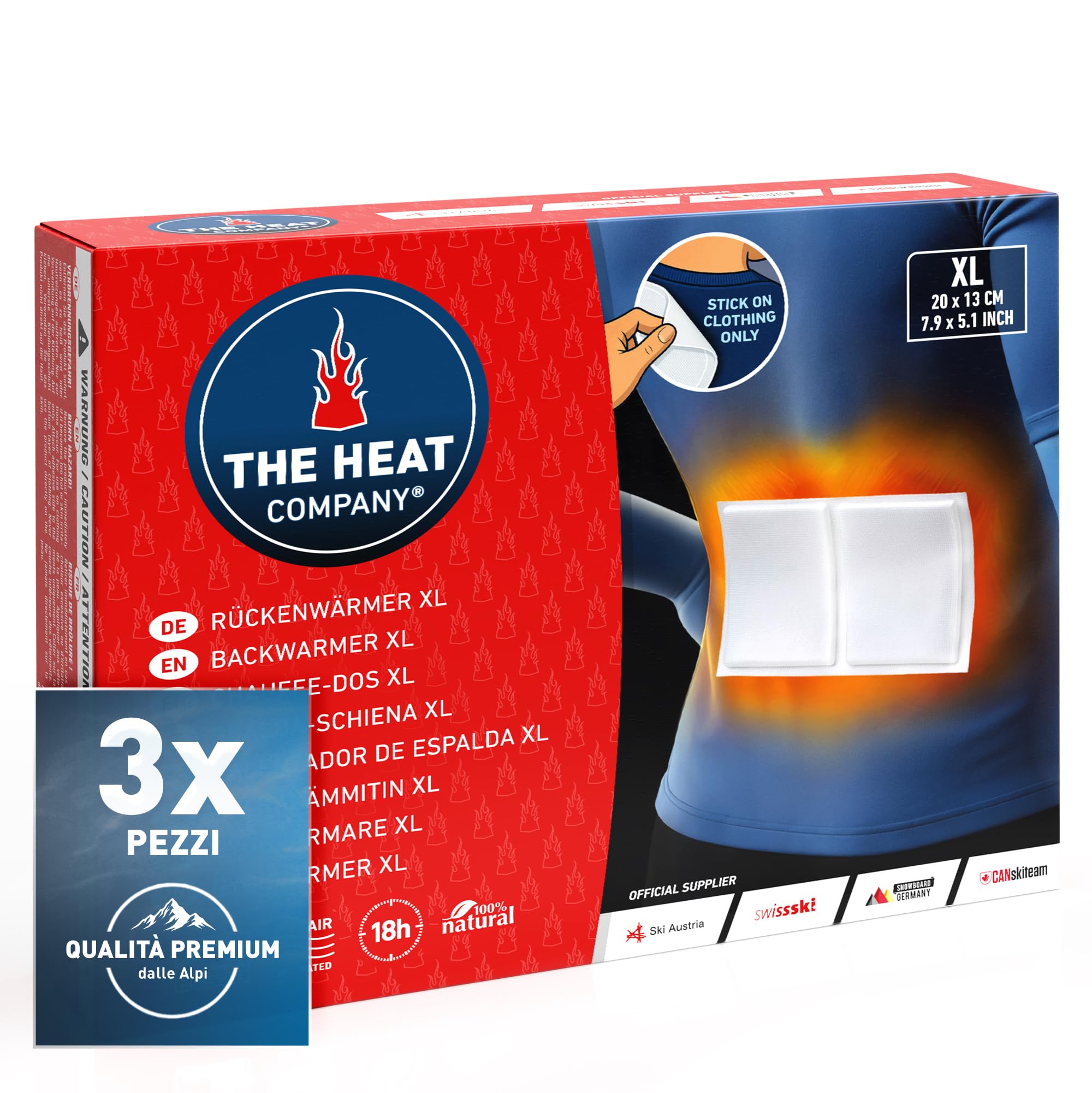THE HEAT COMPANY Scalda-Schiena XL - EXTRA CALDO - adesivo - Scaldacorpo XL - 18 ore di piacevole calore - pronti all'uso - autoriscaldante - puro naturale - 3 pezzi