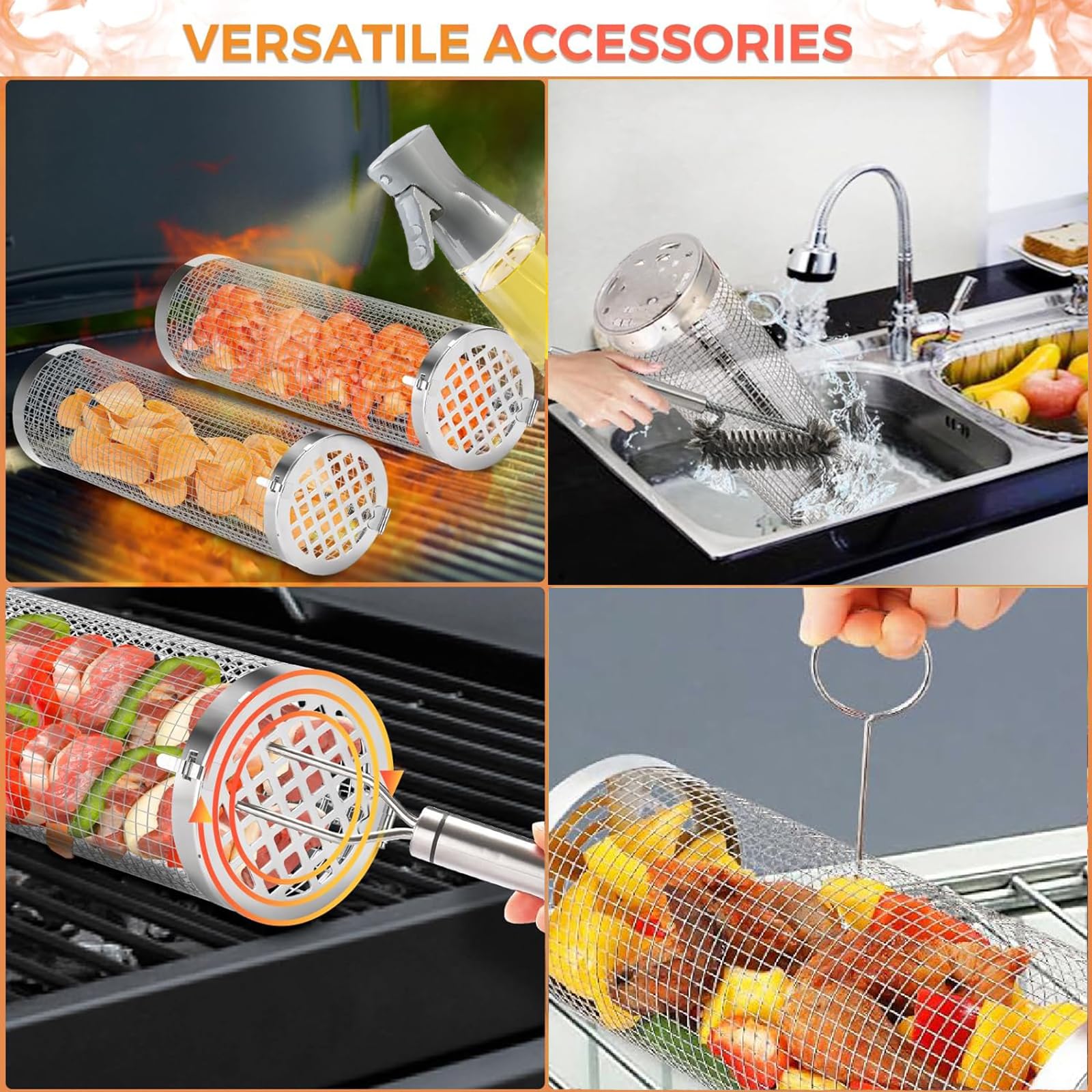 Grillkorb Gemüse 2 Stück Mit Langstielige Gabel - Zylindrischer Edelstahl Grill Basket - Gemüsekorb Mit Reinigungsbürste und Gabel - BBQ Außengrill für Gemüse, Fleisch