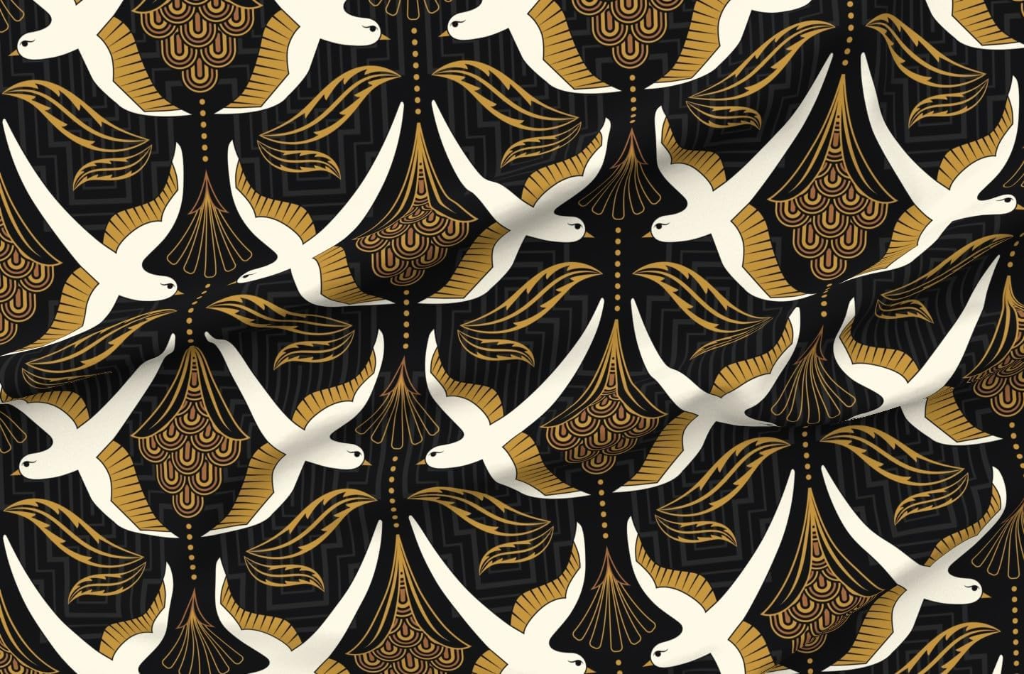 Spoonflower Fabric - Art Deco Leaves Gold Plants 1920S Cream Printed on Petal Cotton Fabric Fat Quarter - Sewing Quilting Apparel Crafts Decor