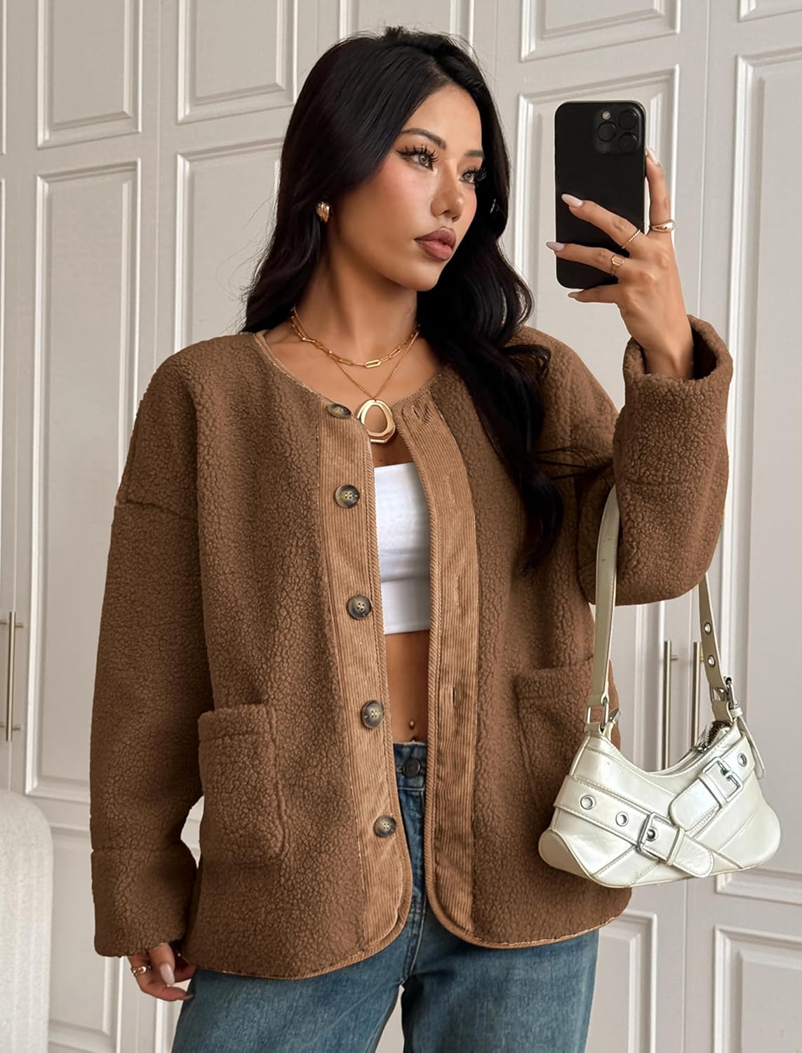 ZAFUL Women's Faux Fur Sweatshirt Long Sleeve Button Down Pockets Winter Coat Fleece Sherpa Jackets Outerwear - Image 5