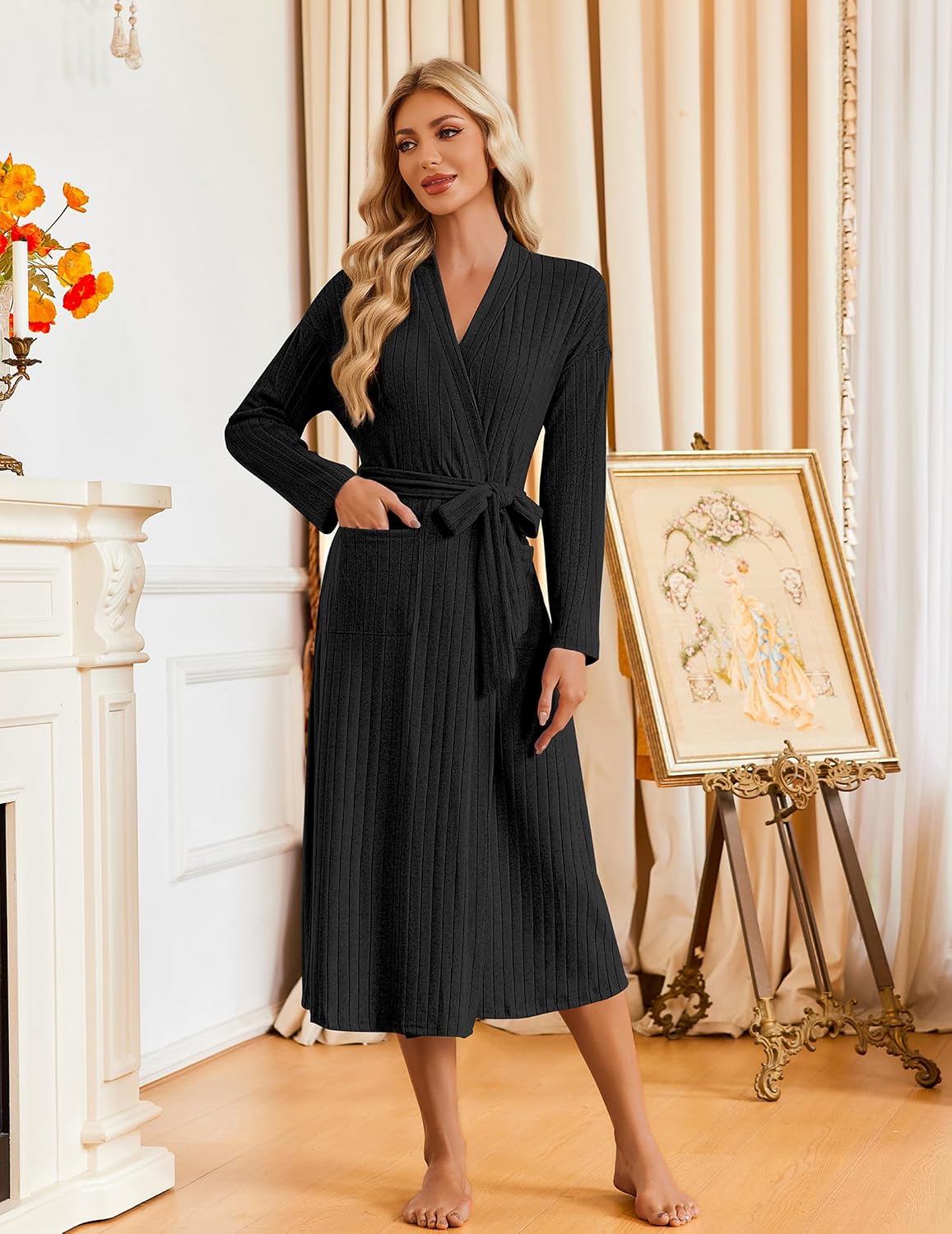 Ekouaer Womens Robes Long Bathrobe Ribbed Knit Kimono Robe Soft Sleepwear