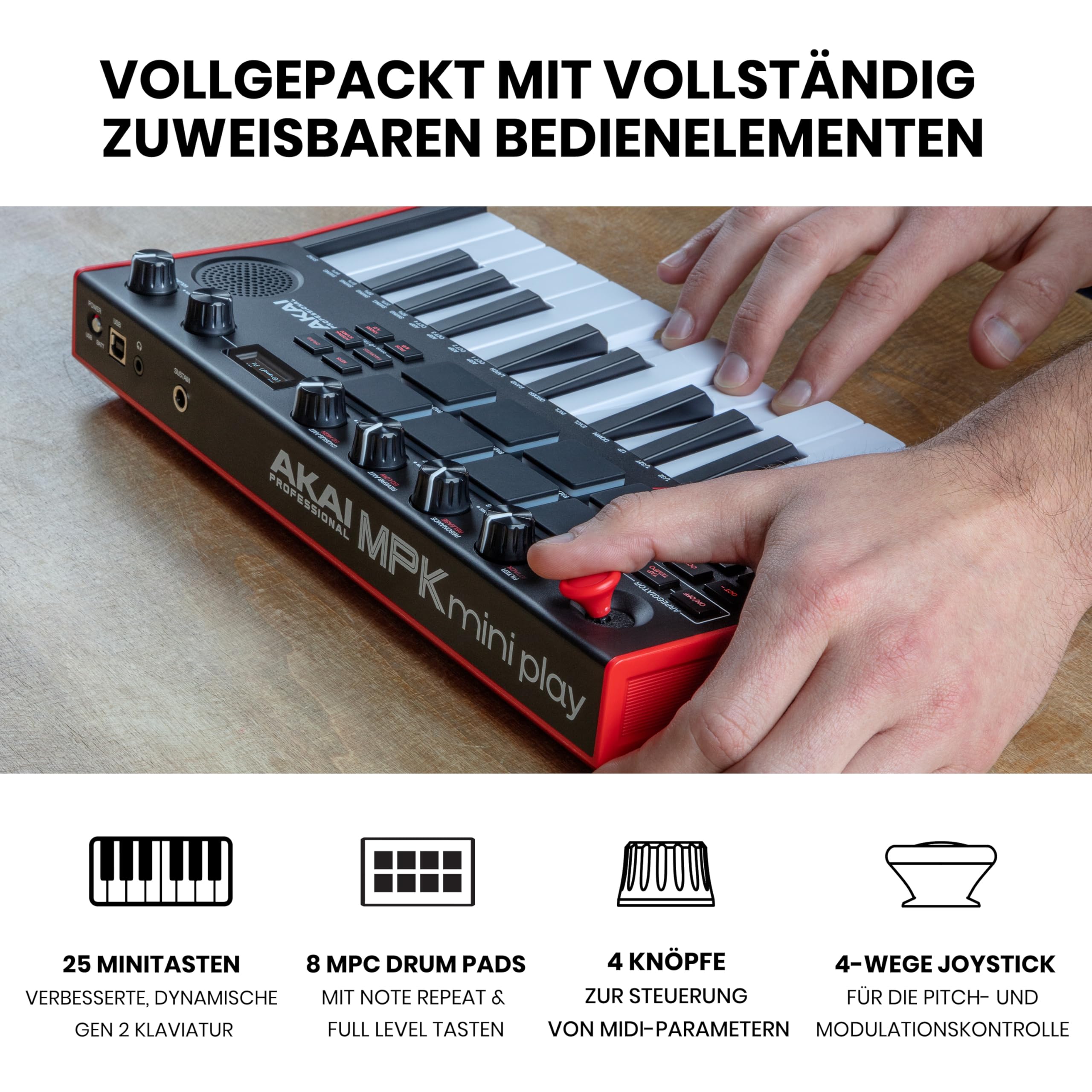 Akai Professional MPK Mini Play MK3 - MIDI Keyboard Controller mit Eingebautem Lautsprecher und Sounds, Dynamische Klaviatur, MPC Pads, Software und Native Instruments Sound Package