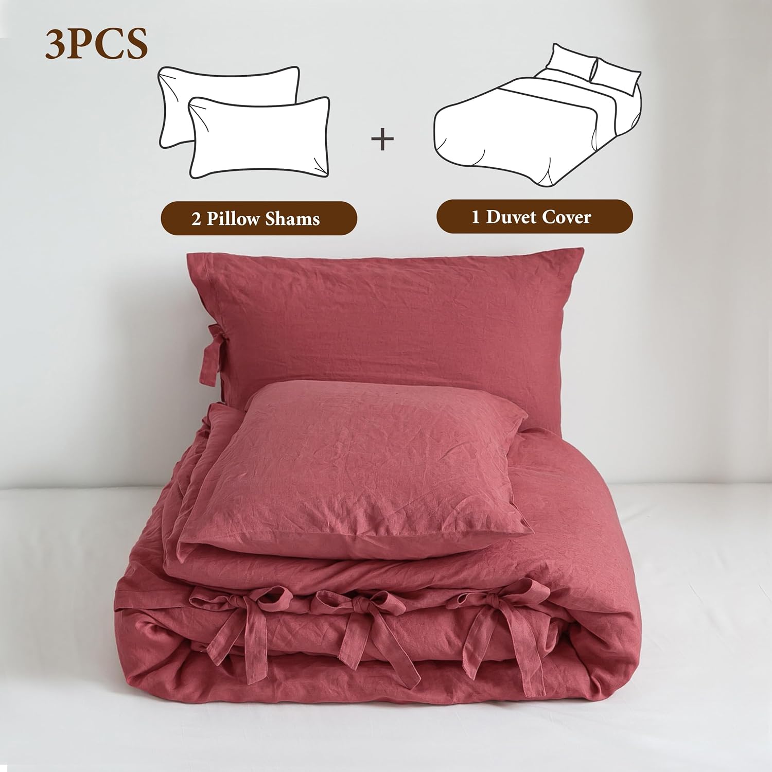 Simple&Opulence 100% French Linen Duvet Cover Set, 3 Pieces Belgian Flax Breathable Bedding, King Size 104''x92'' (1 Comforter Cover+2 Pillowshams) with Tie Closure Style, Red
