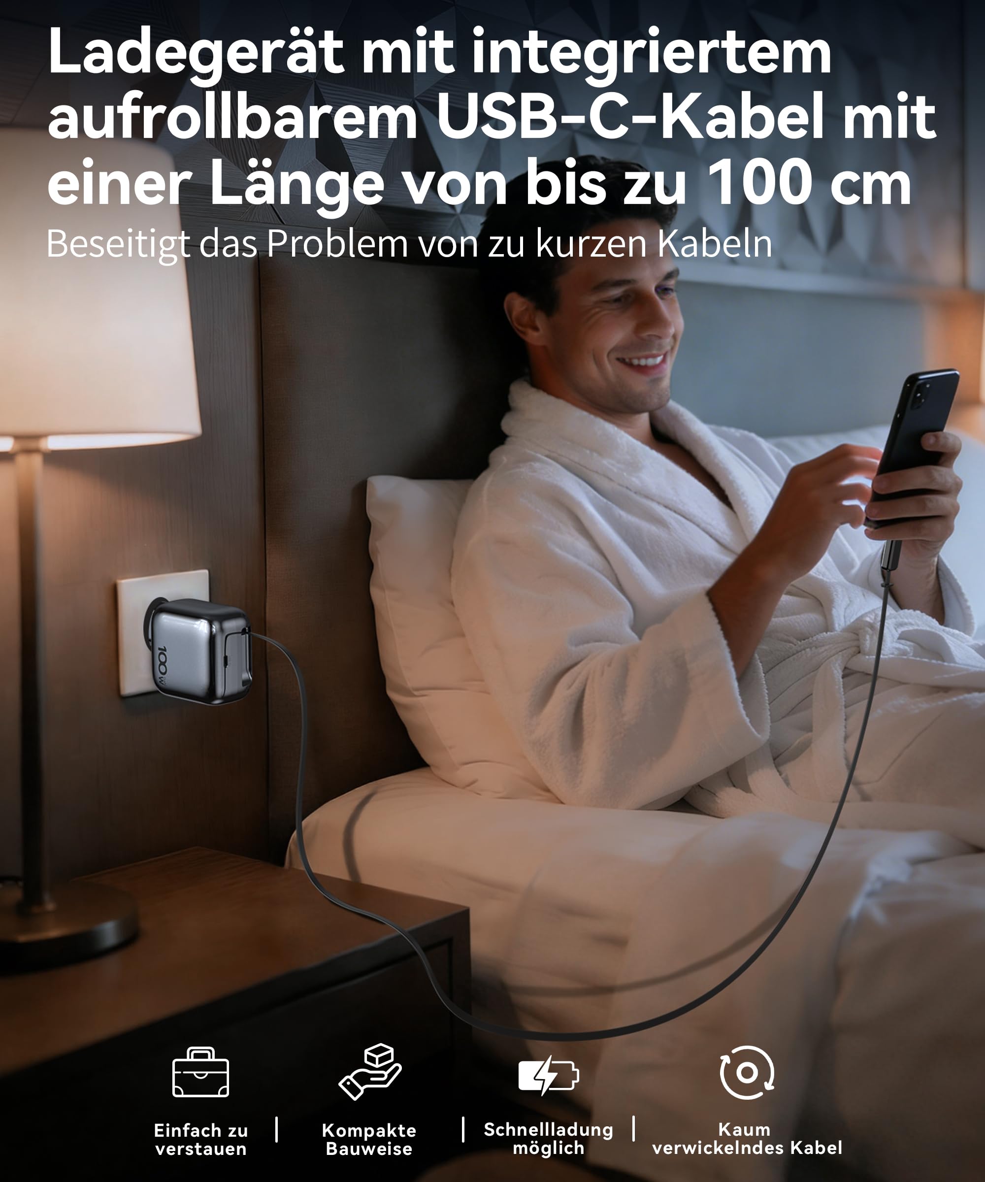 TOPADRE 100W USB C Schnellladegerät mit 1M Einziehbarem Kabel für MacBook