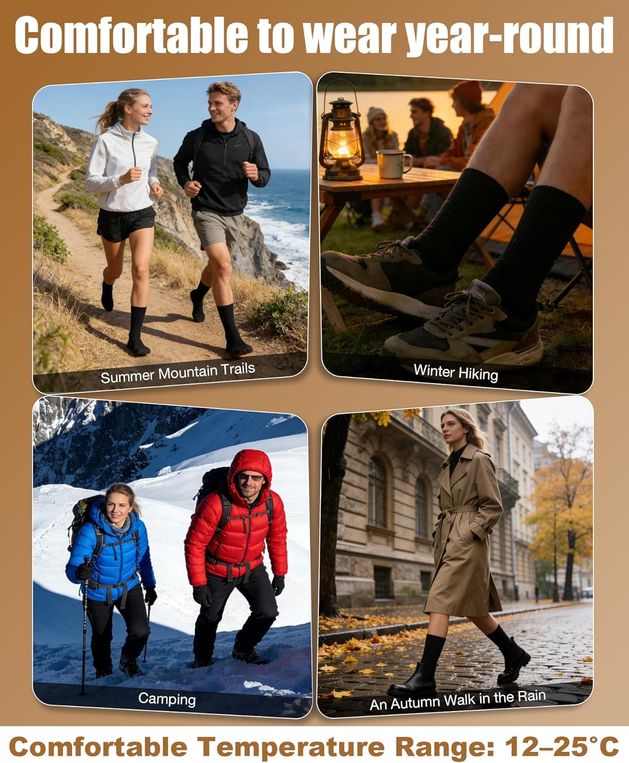 Merino Wool Thermal Socks for Men & Women, 3 Pairs Cushioned Moisture Wicking Crew Boot Socks for Outdoors & Work