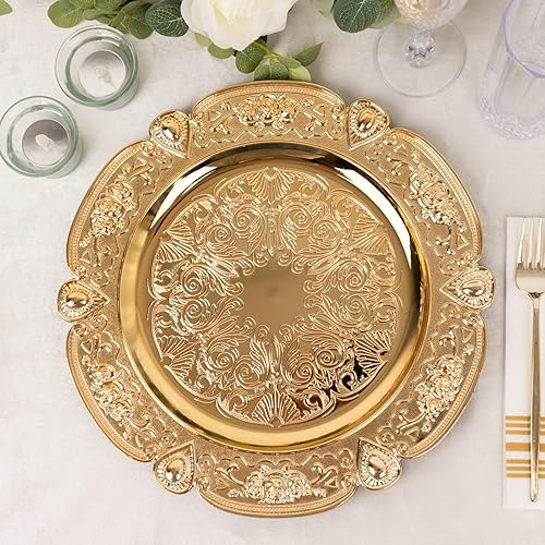 Efavormart - Paquete de 6 platos de acrílico con relieve floral dorado con borde festoneado, platos decorativos redondos de plástico de 13 pulgadas