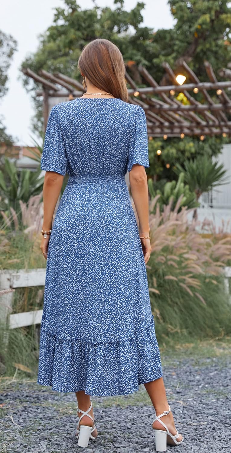 Kormei Womens V Neck Short Sleeve Elastic Waist High Low Flowy Summer Casual Long Maxi Dress - Image 5