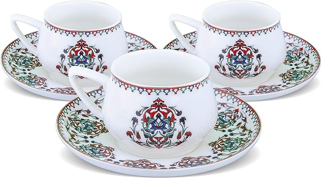 Karaca Nakkas Espresso Cup and Saucer Set for 6 People, 90 ml 3 oz Turkish Coffee Cups with Saucers, 12 Pieces, Mocha & Cappuccino Cups Made of Porcelain, Traditional Turkish Pattern, Dishwasher Safe