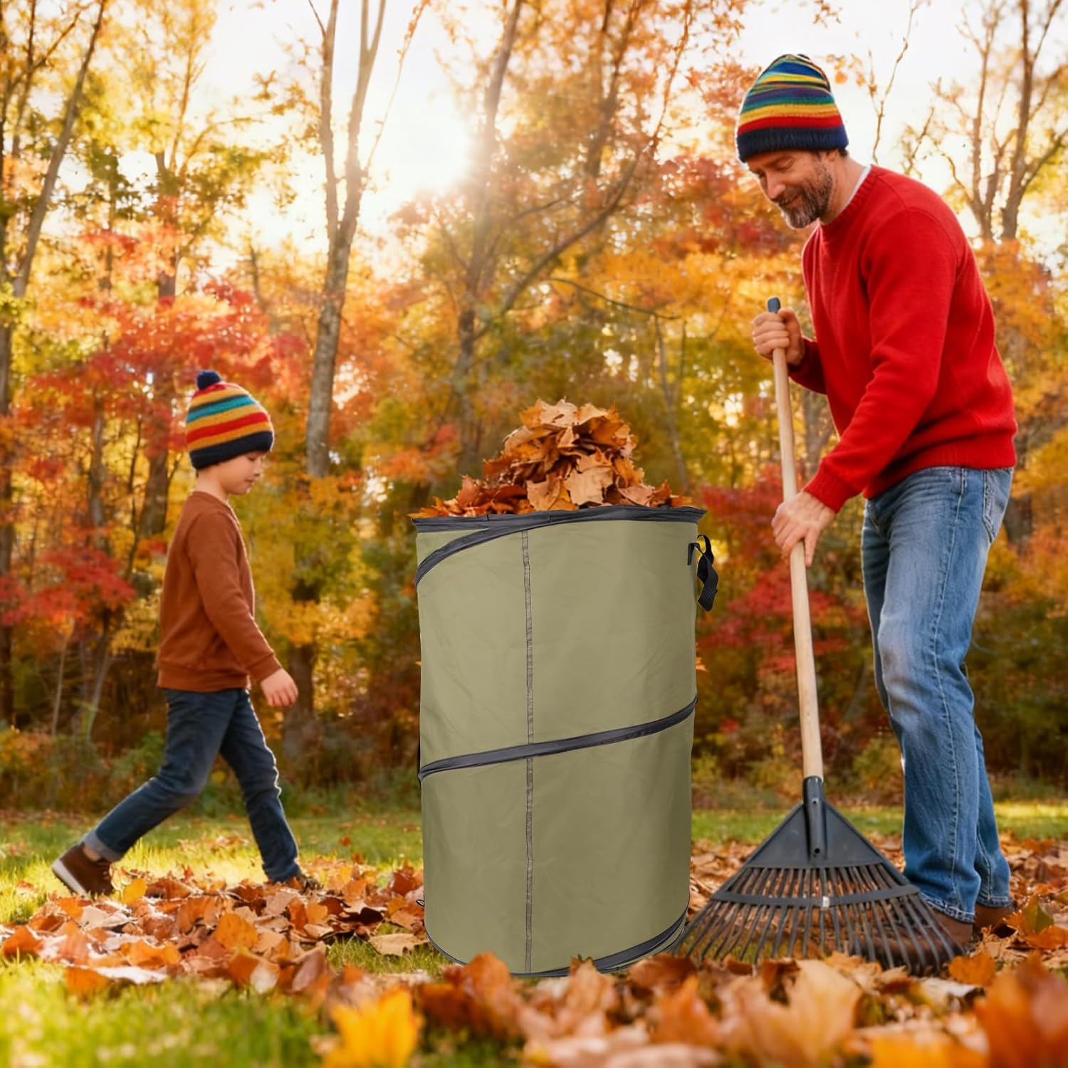 Green1Pack 30 Gallon Collapsible Pop-Up Trash Can | Reusable Garden Waste Bag for Camping, RV, Yard Work, Lawn & Leaf Cleanup, Outdoor Storage Bin