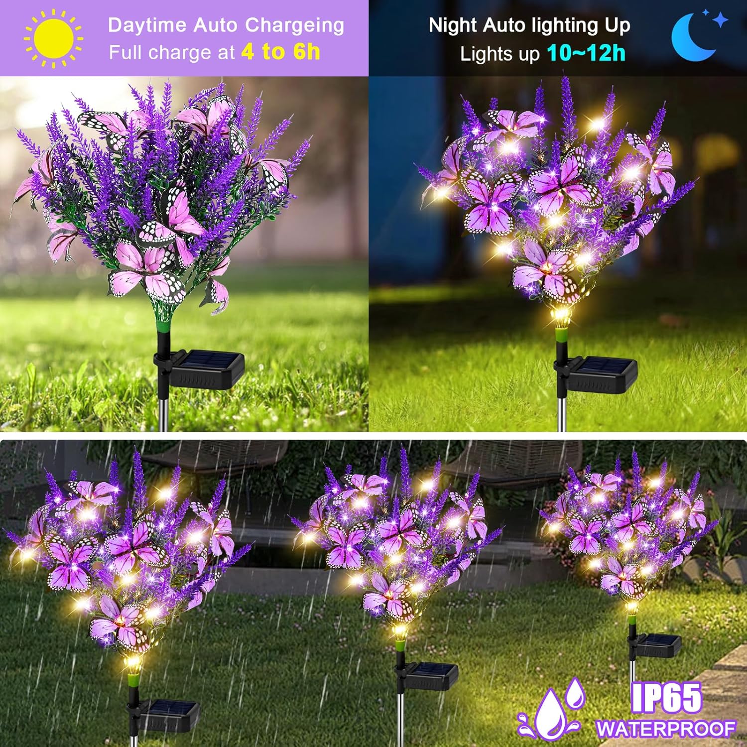 NBQQ Solar Garden Lights Outdoor 4 Pack Lavender Butterfly Lights, Solar Artificial Flower Outdoor Waterproof Decoration Gardening Gifts for Women, Yard Patio Pathway Lawn Courtyard Decoration