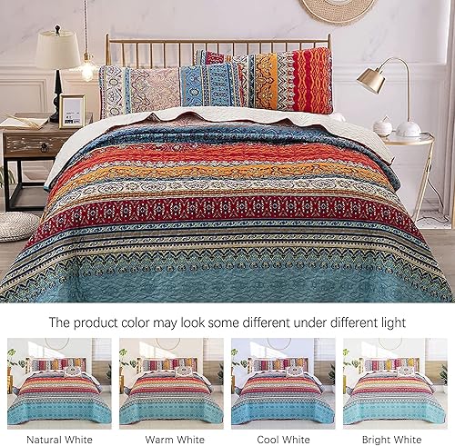 Vista 173 de WONGS BEDDING Juego de edredón bohemio tamaño Queen Aqua, juego de colcha de 3 piezas a rayas, de microfibra ligera y suave bohemia para todas