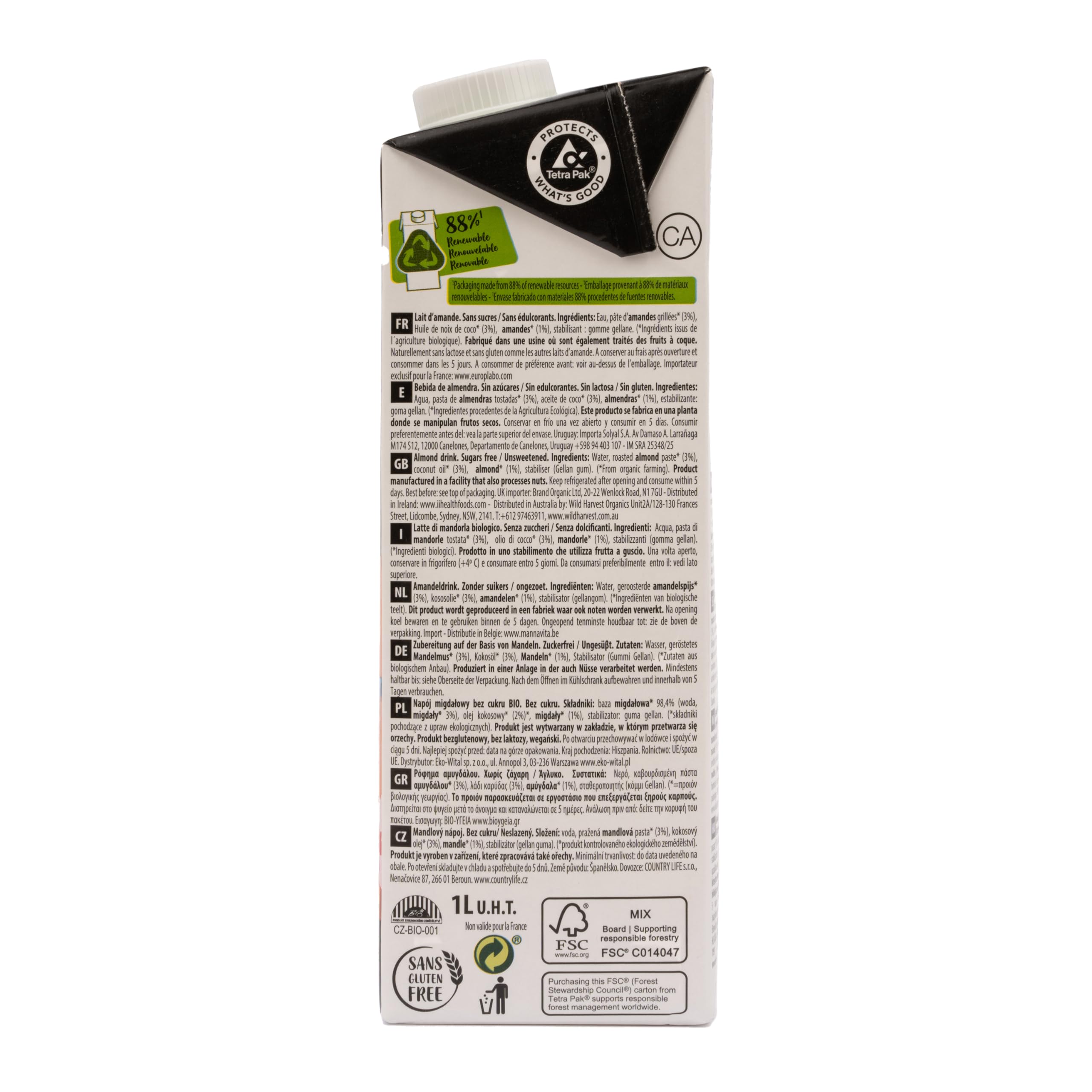 Ecomil - Bebida Vegetal de Almendras, Pack 6 x 1 Litro, Fruto Seco Ecológico, Sin Gluten, Sin Azúcares Añadidos, Apta para Dietas Keto y Veganas