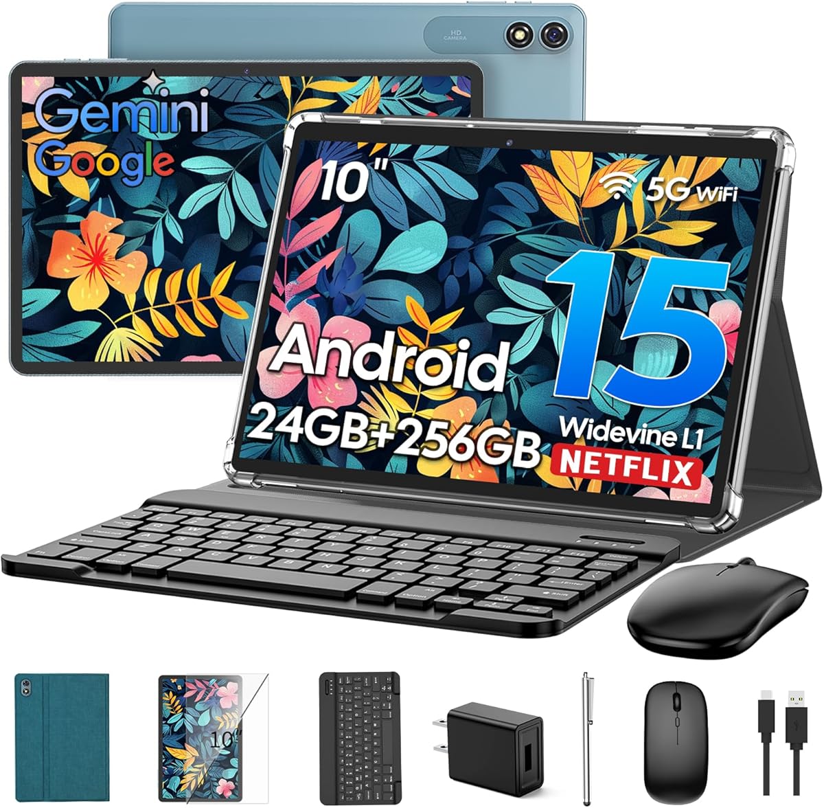2026 Android 15 Tablet with Keyboard, 24GB RAM + 256GB ROM (2TB Expand), 10 inch tablet with Gemini AI, Octa-Core, 8000mAh, GMS, Widevine L1, 2 in 1 Tablets with Case, Mouse, Stylus (Green Case)