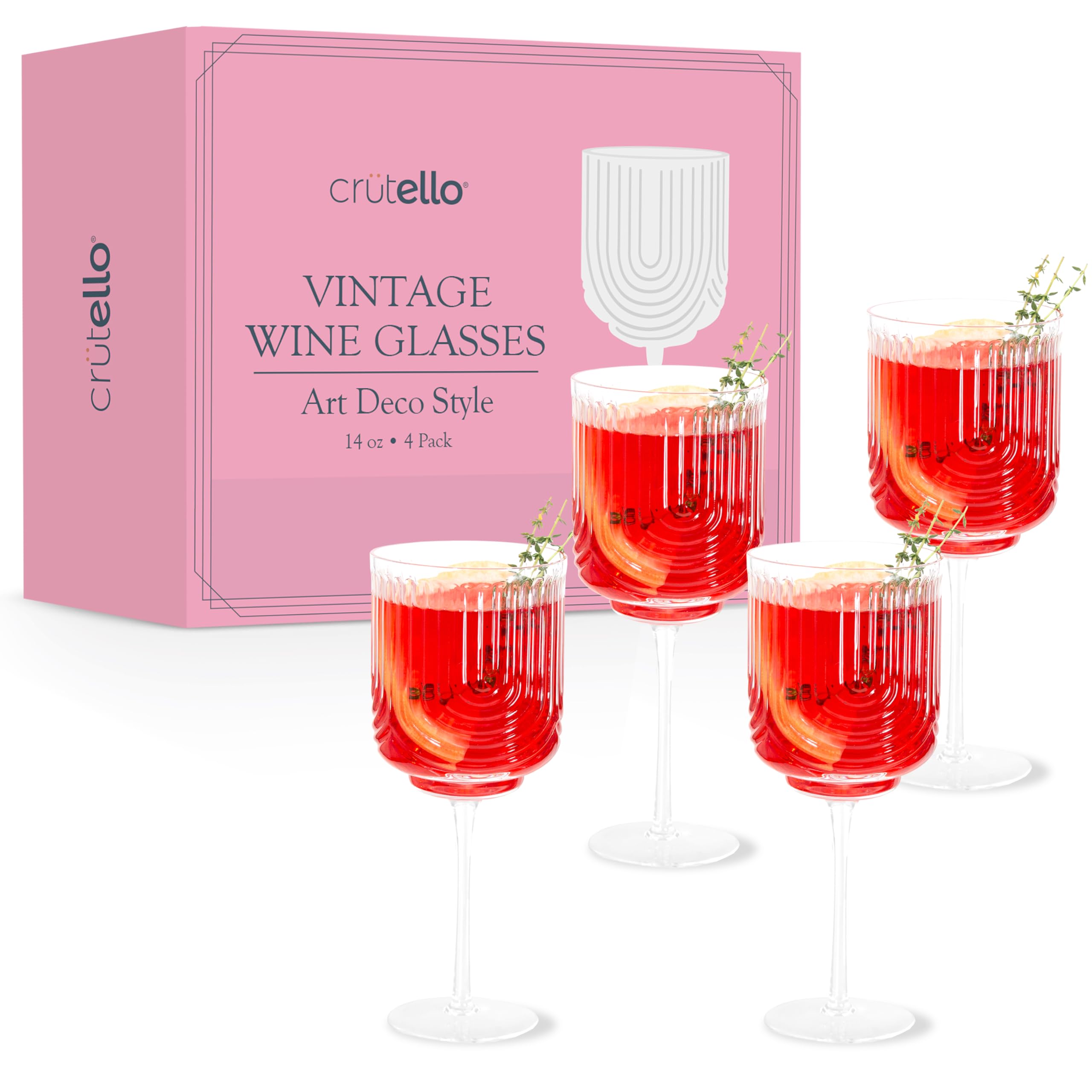 Crutello Vintage Wine Glasses, Set of 4-14 oz, Ribbed, Art Deco Glassware | Design, For Cocktails or Mocktails, For Red or White Wine, Unique Glassware Gift