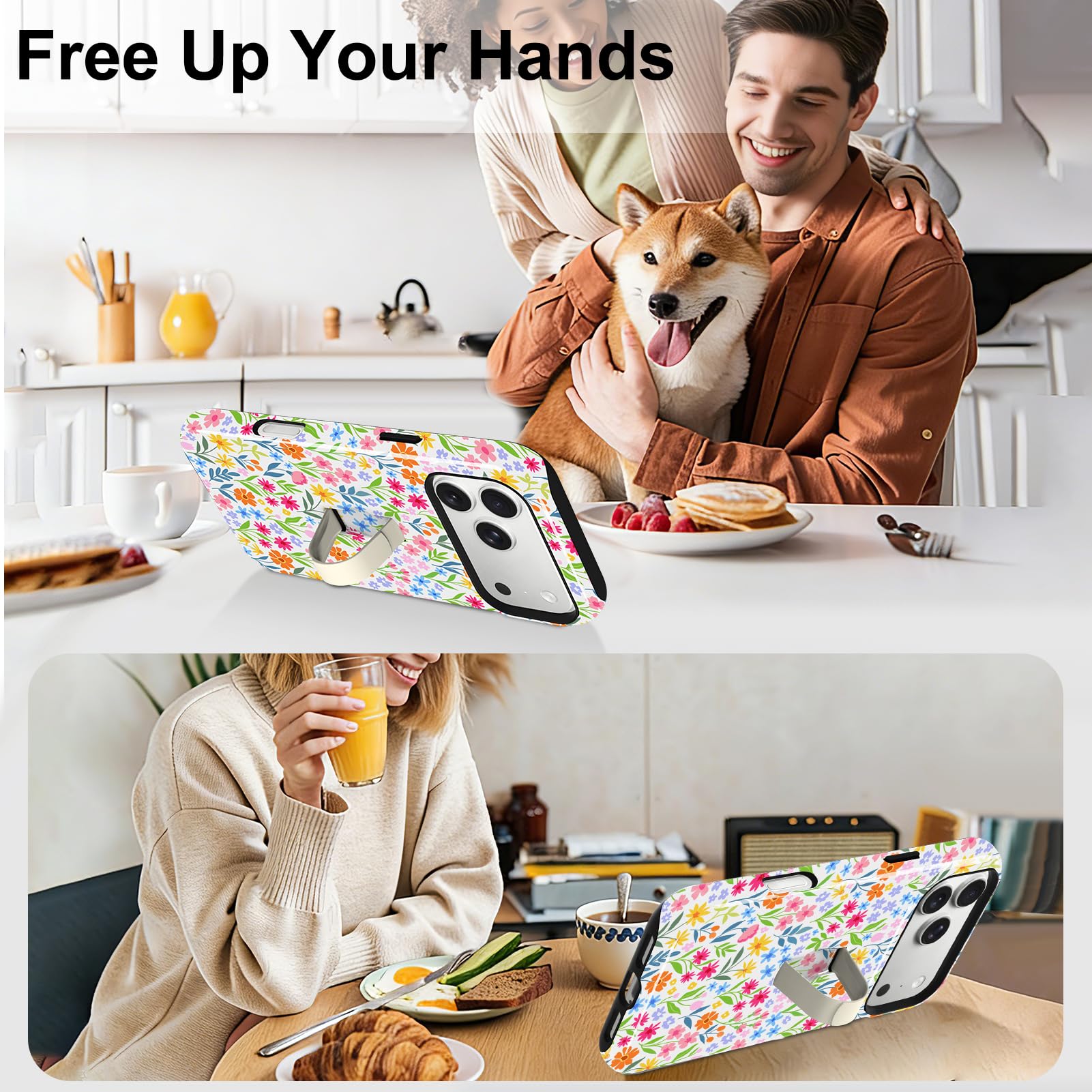 Fiyart Funda magnética para iPhone 17 Pro Max, diseño floral con soporte para correa de muñeca, bonito patrón de flores compatible con MagSafe, soporte de agarre manos libres, antideslizante, a prueba