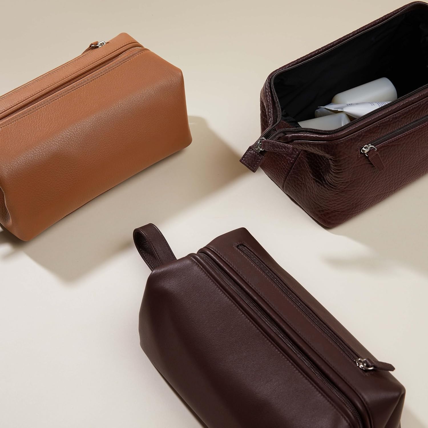 Leatherology Premium Espresso Framed Toiletry Bag – Full Grain Leather Dopp Kit for Men with Wide-Mouth Opening, Interior & Exterior Zippered Pockets, Water-Resistant Lining